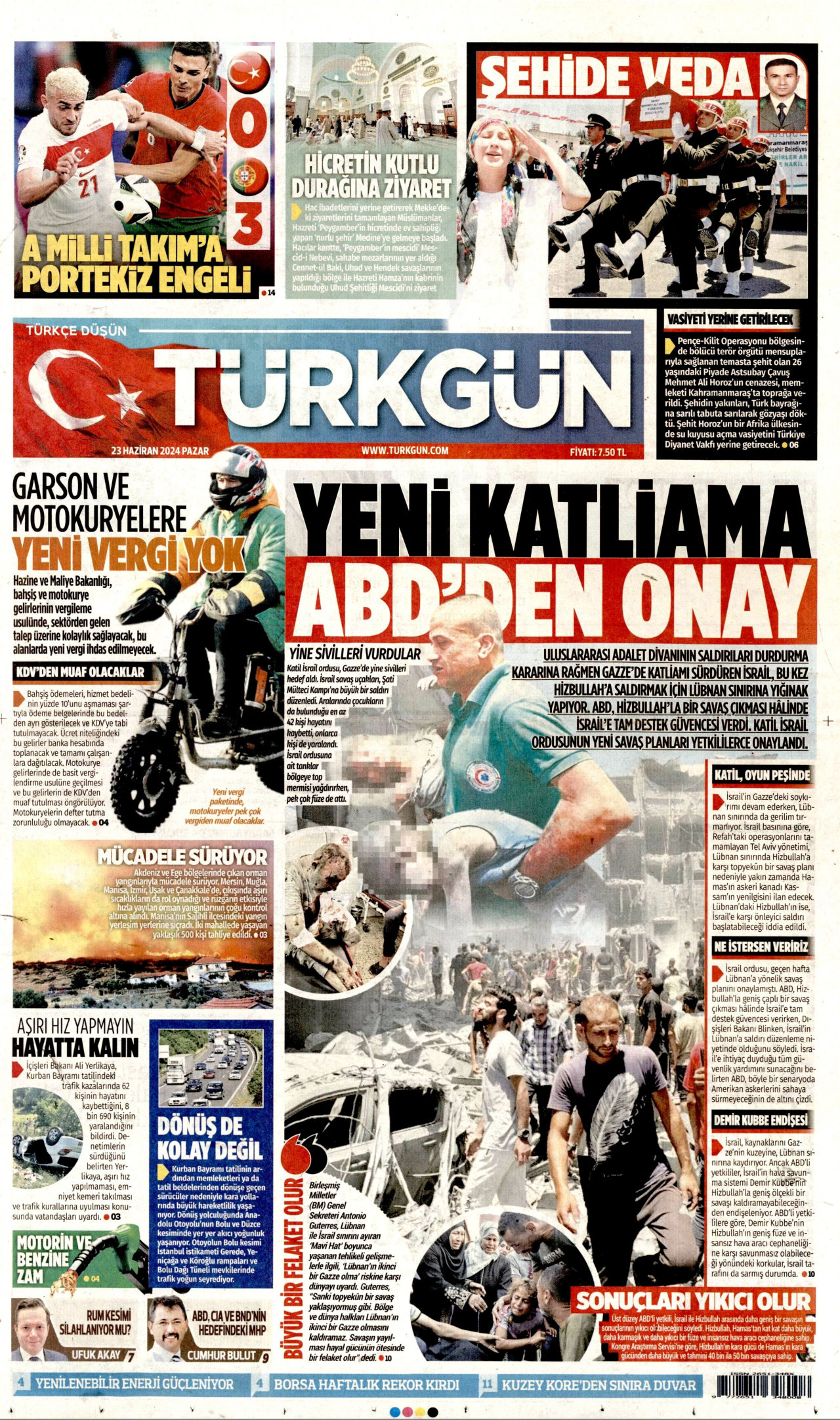 TÜRKGÜN gazetesinin 23 Haziran 2024 tarihli birinci sayfası