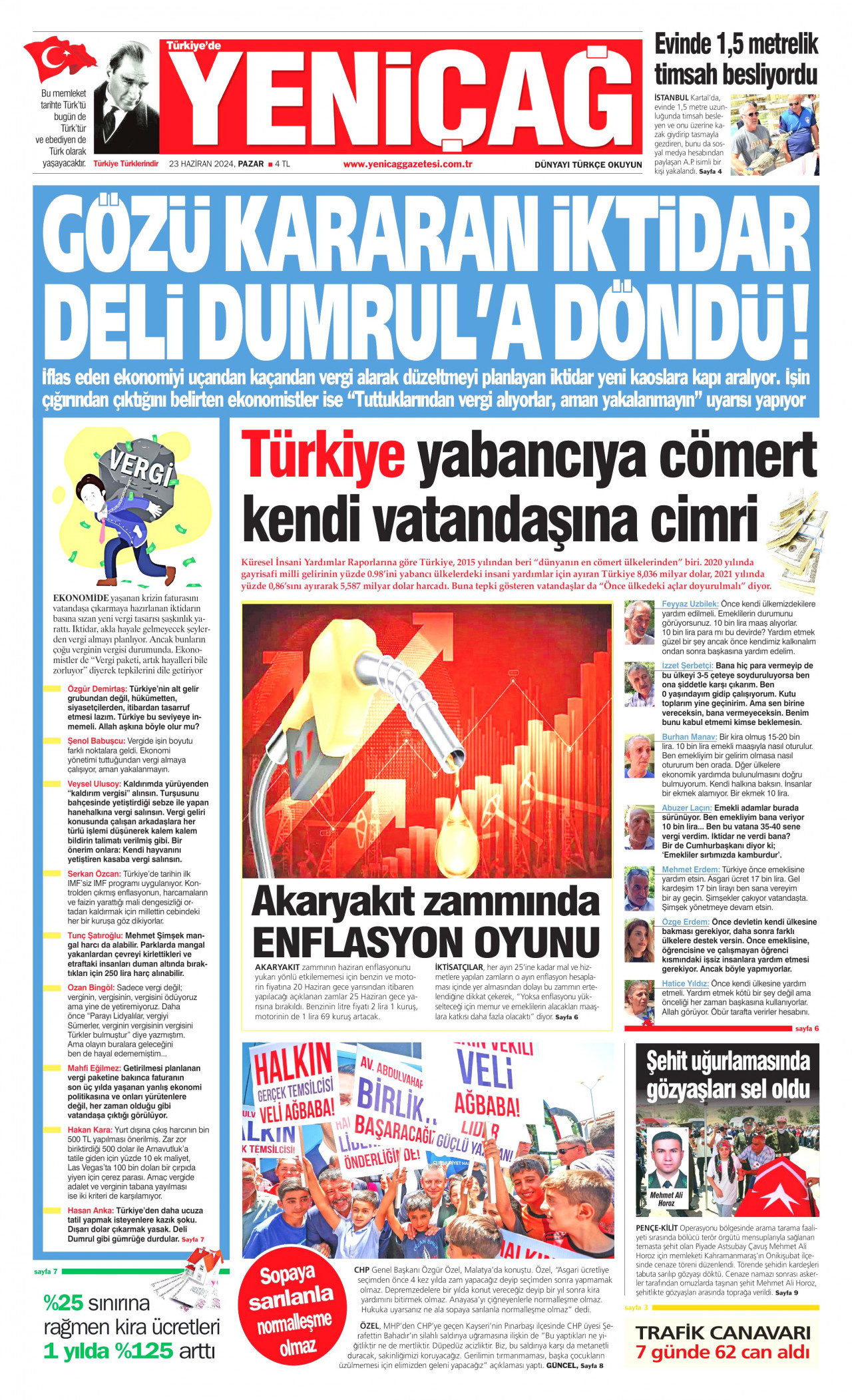 YENİÇAĞ gazetesinin 23 Haziran 2024 tarihli birinci sayfası