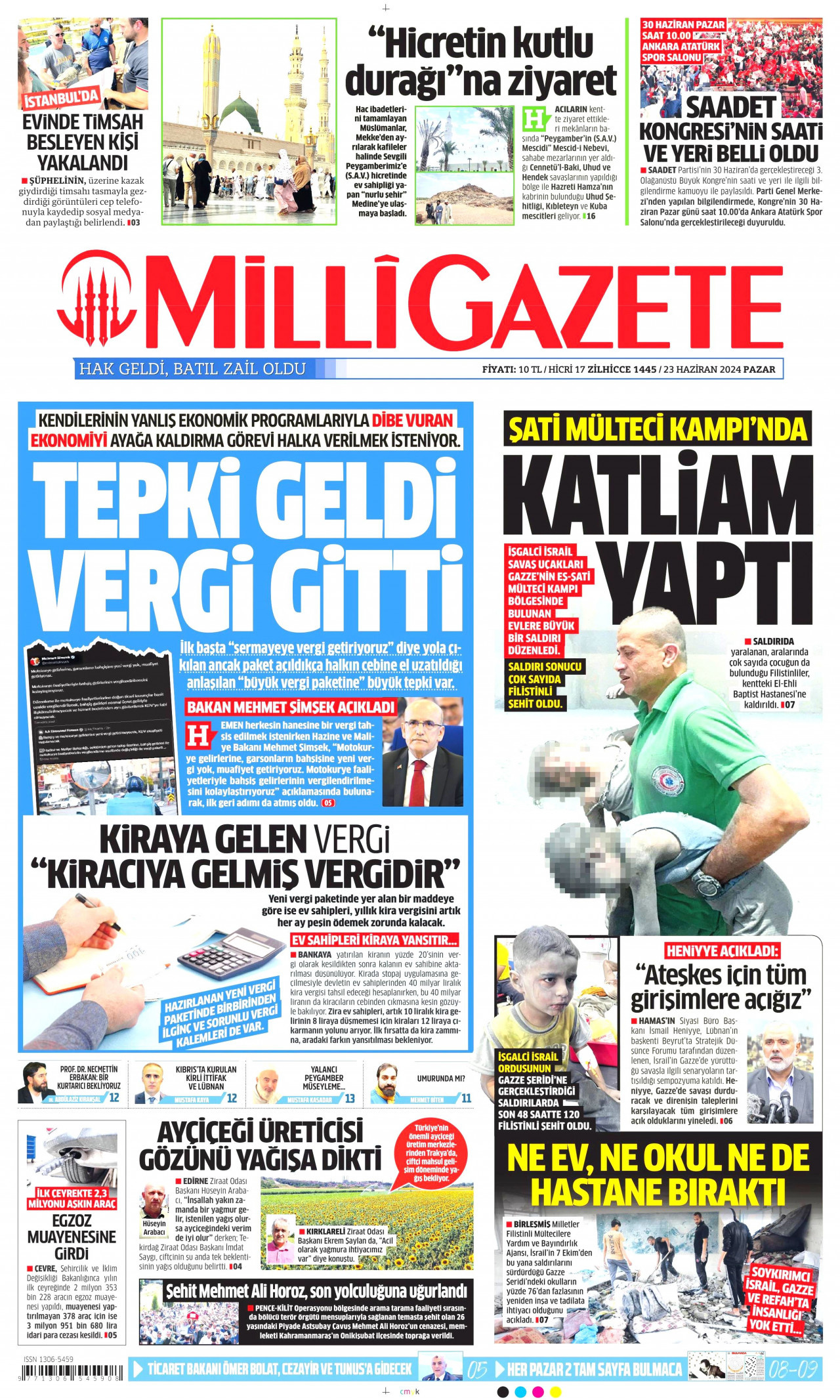 MİLLİ GAZETE gazetesinin 23 Haziran 2024 tarihli birinci sayfası
