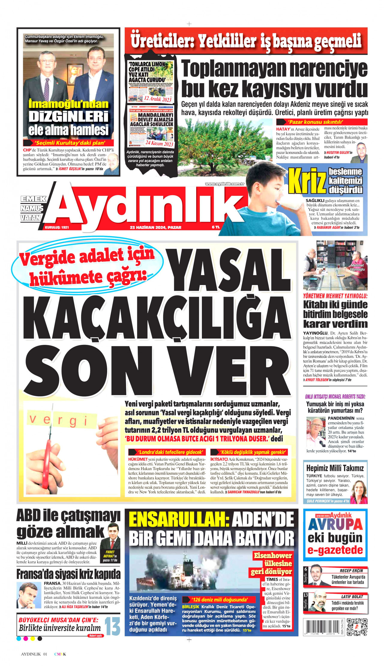 AYDINLIK GAZETESİ gazetesinin 23 Haziran 2024 tarihli birinci sayfası
