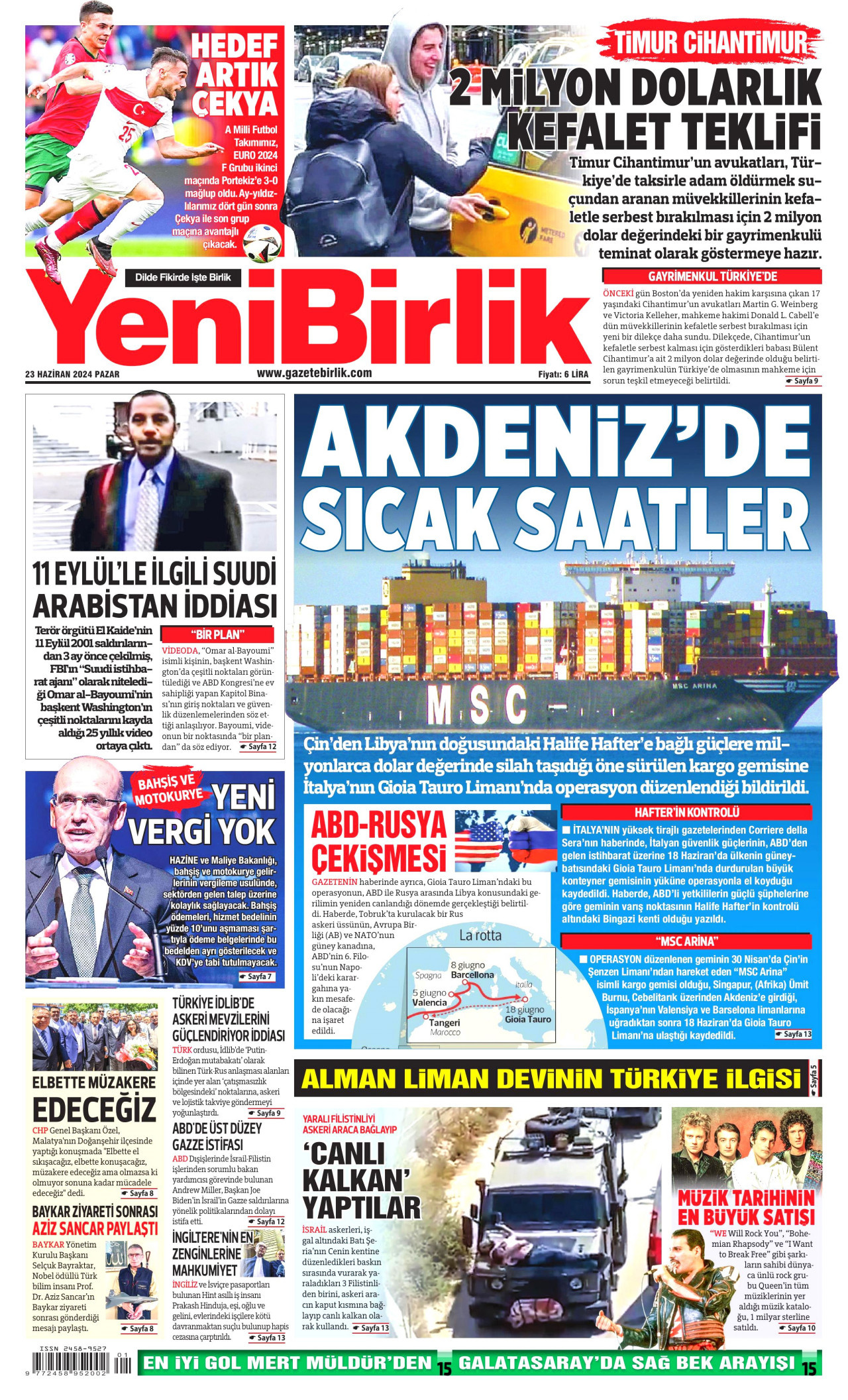 YENİBİRLİK gazetesinin 23 Haziran 2024 tarihli birinci sayfası