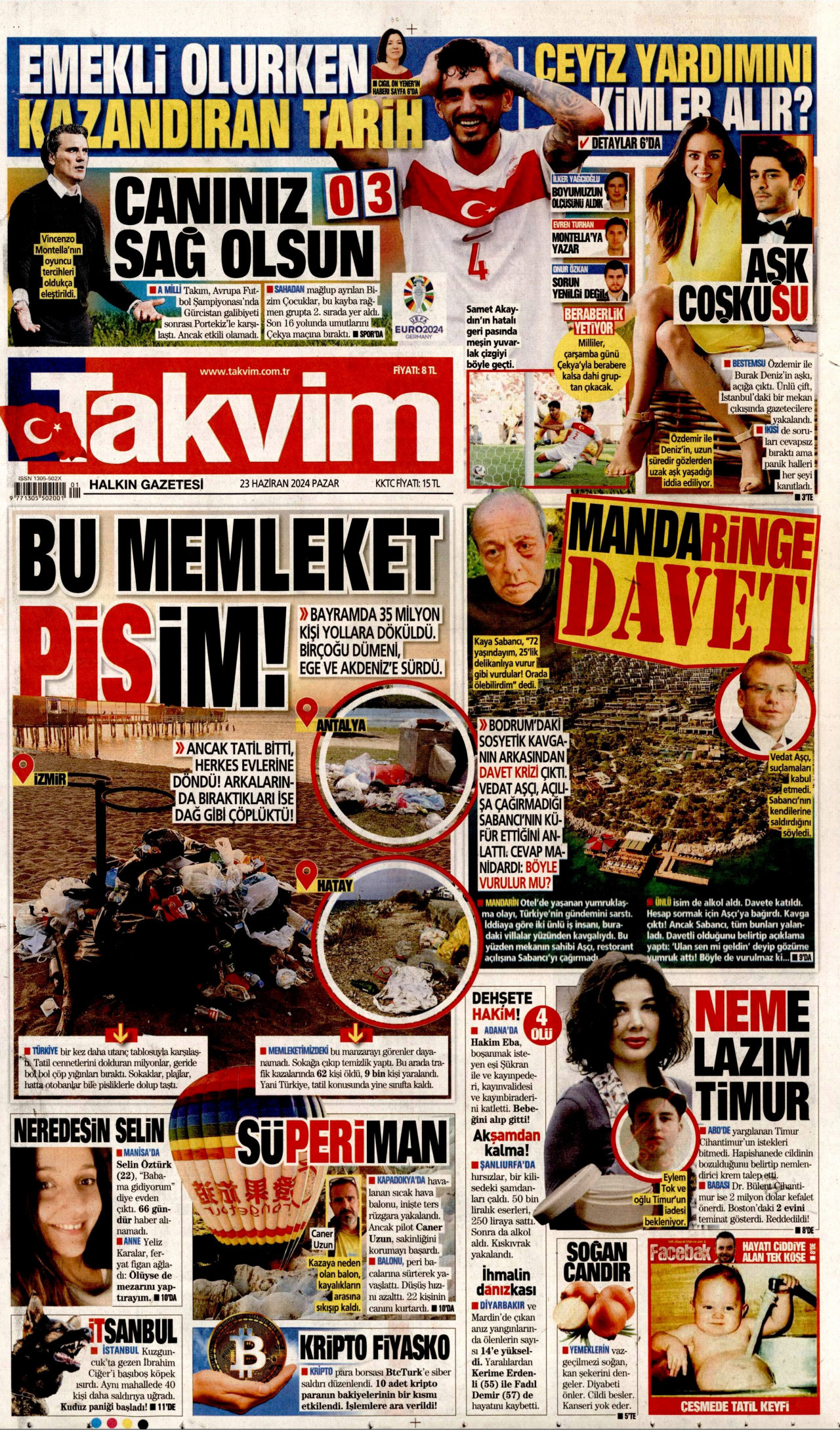 TAKVİM gazetesinin 23 Haziran 2024 tarihli birinci sayfası