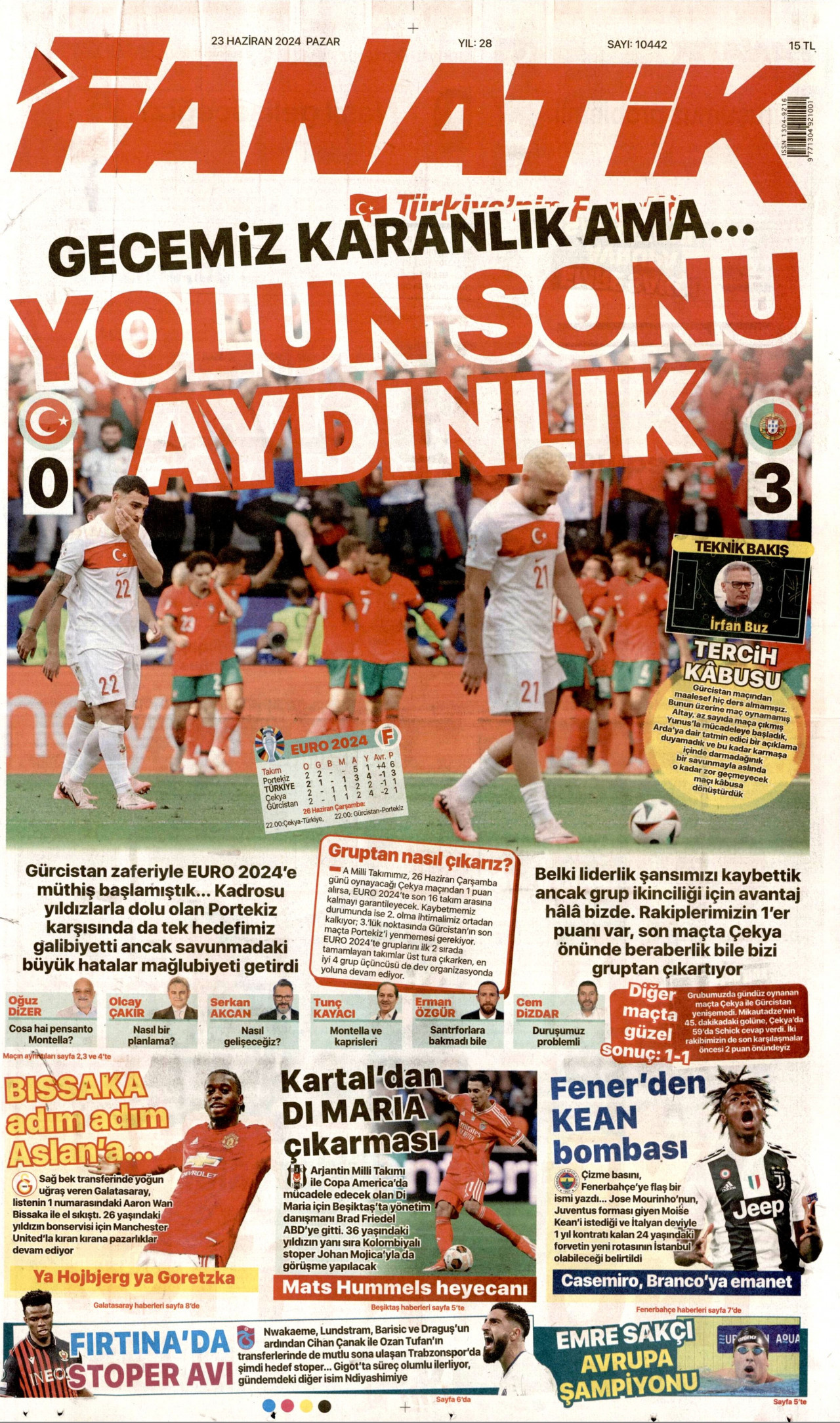 FANATİK gazetesinin 23 Haziran 2024 tarihli birinci sayfası