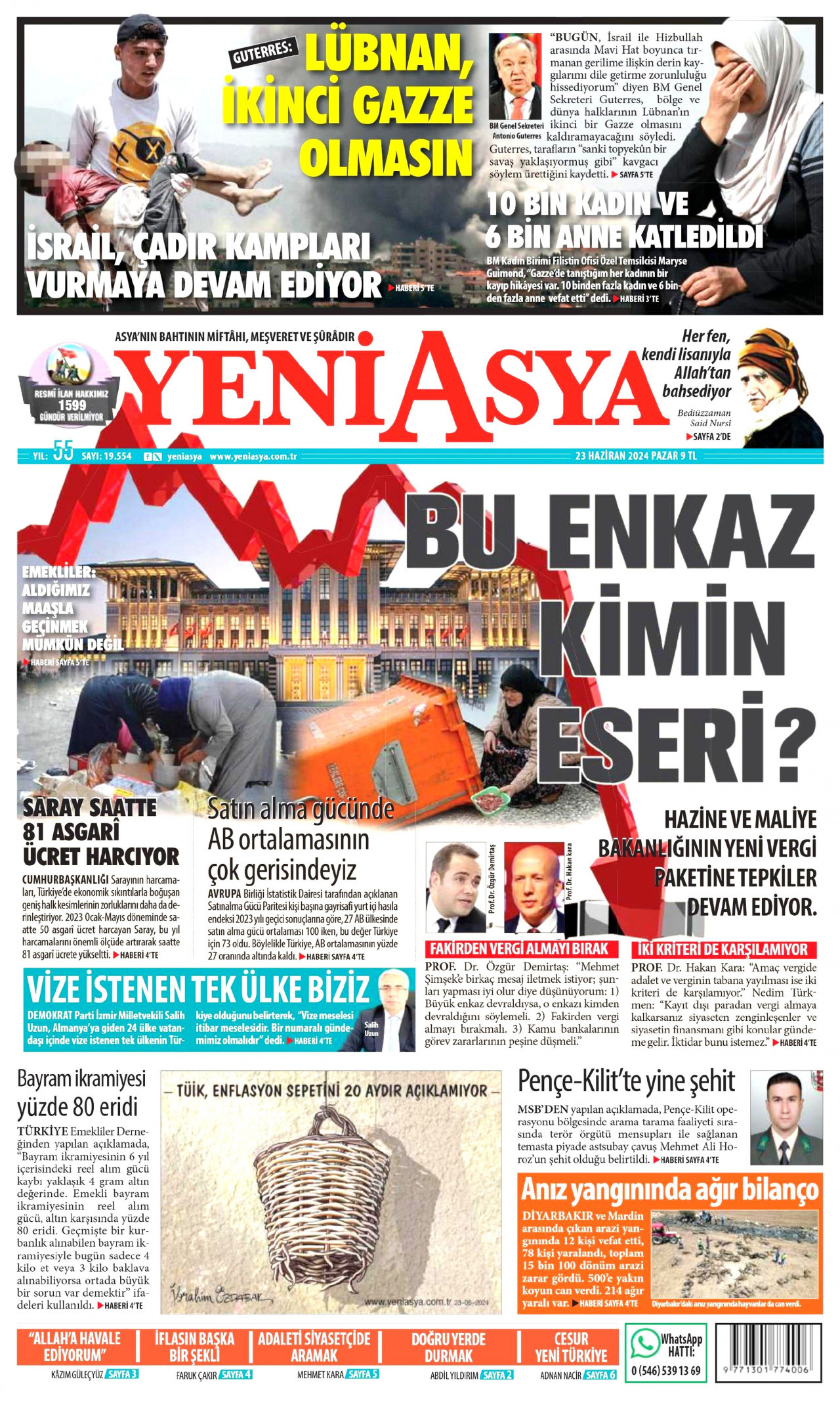 YENİ ASYA gazetesinin 23 Haziran 2024 tarihli birinci sayfası