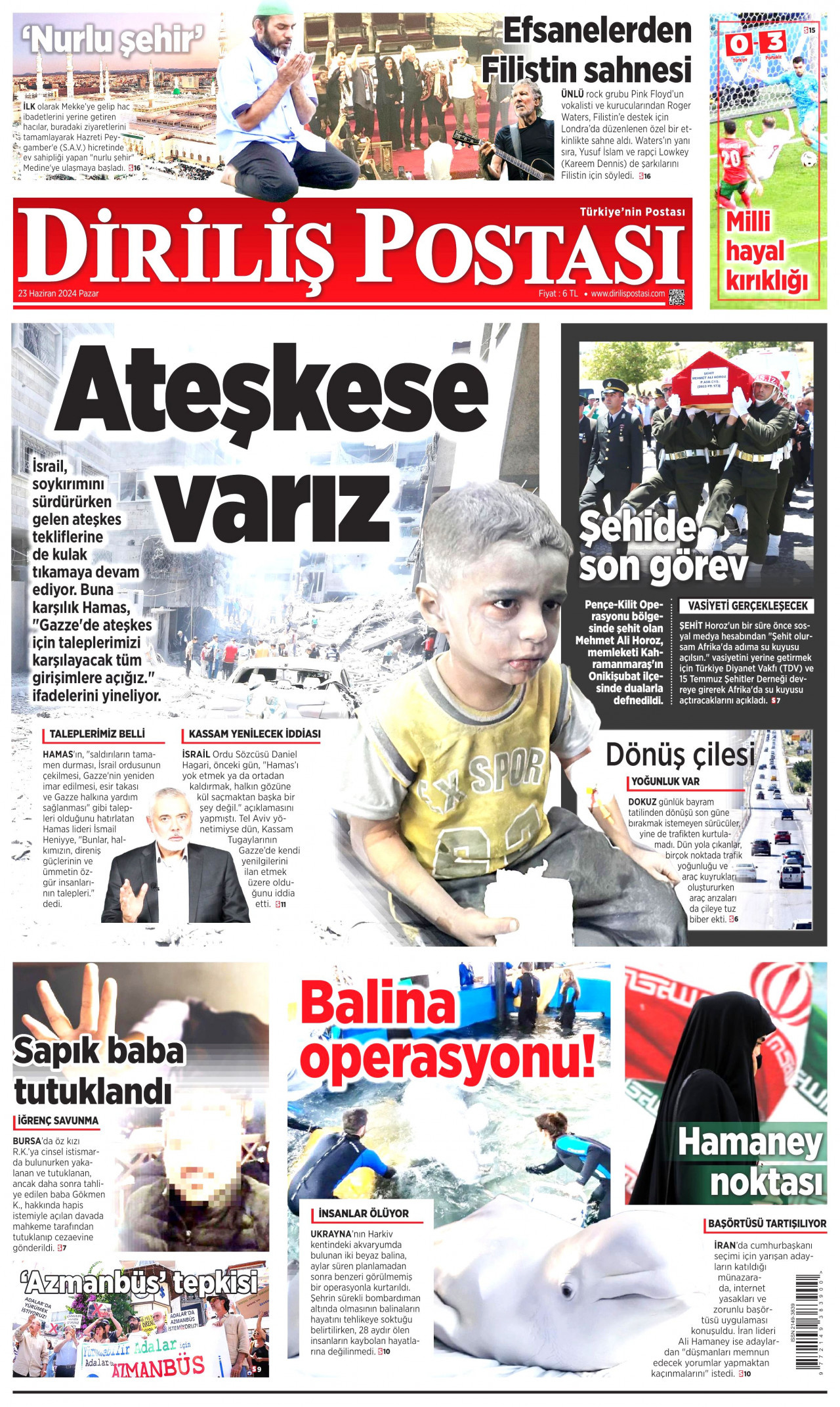 DİRİLİŞ POSTASI gazetesinin 23 Haziran 2024 tarihli birinci sayfası