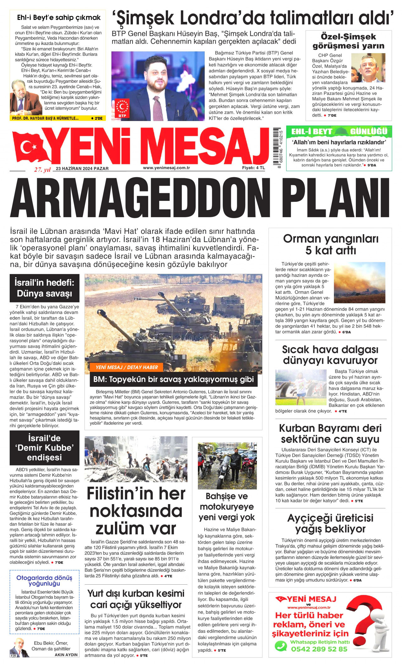 YENİ MESAJ gazetesinin 23 Haziran 2024 tarihli birinci sayfası