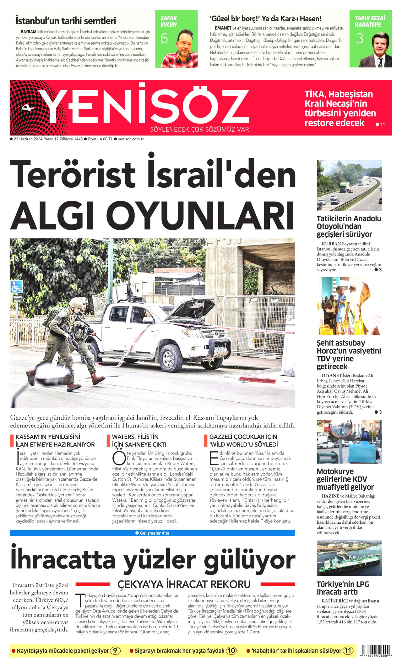 YENİ SÖZ GAZETESİ gazetesinin 23 Haziran 2024 tarihli birinci sayfası