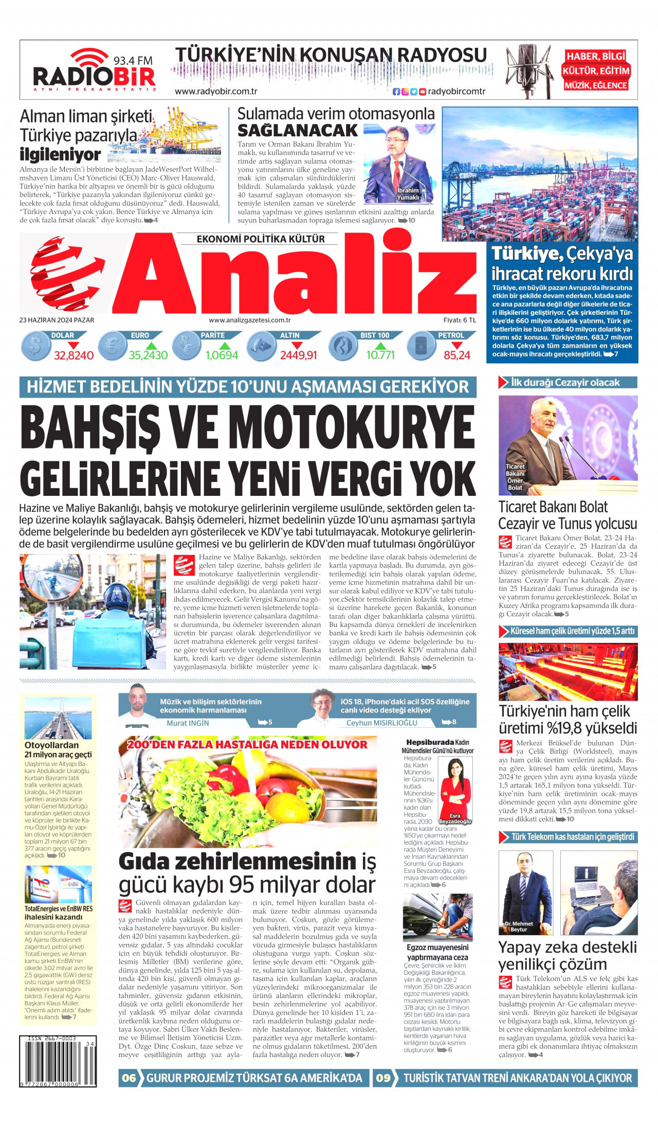 ANALİZ gazetesinin 23 Haziran 2024 tarihli birinci sayfası