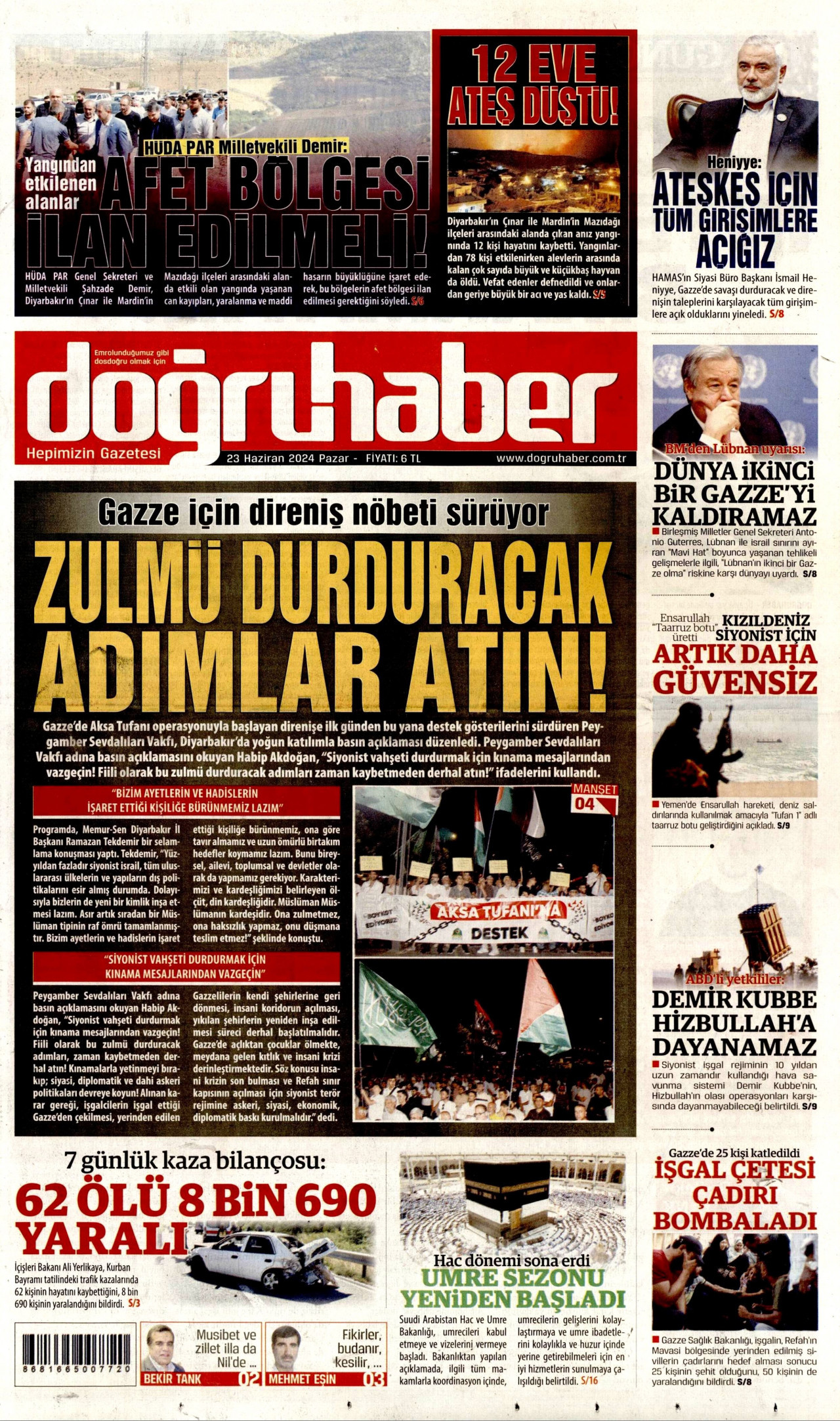 DOĞRU HABER gazetesinin 23 Haziran 2024 tarihli birinci sayfası