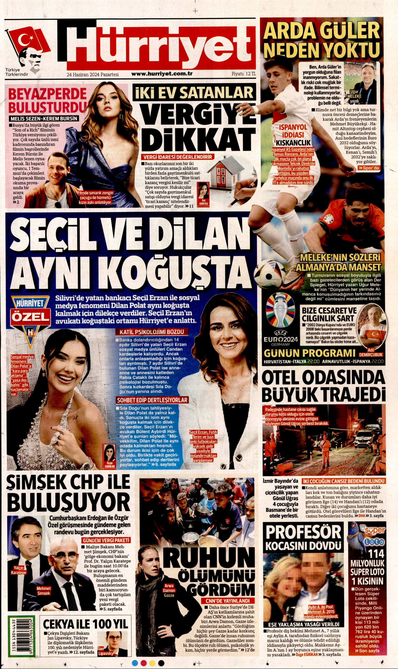 HÜRRİYET gazetesinin 24 Haziran 2024 tarihli birinci sayfası
