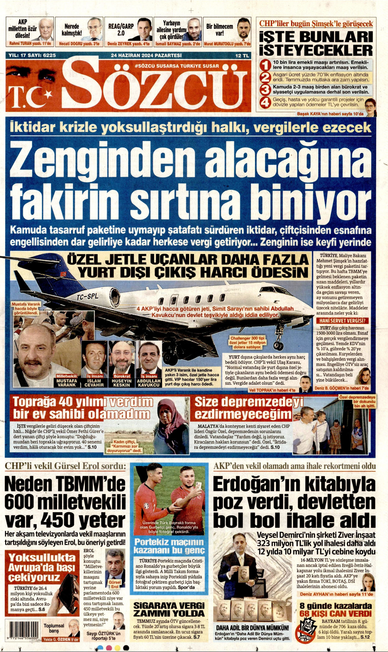 SÖZCÜ gazetesinin 24 Haziran 2024 tarihli birinci sayfası