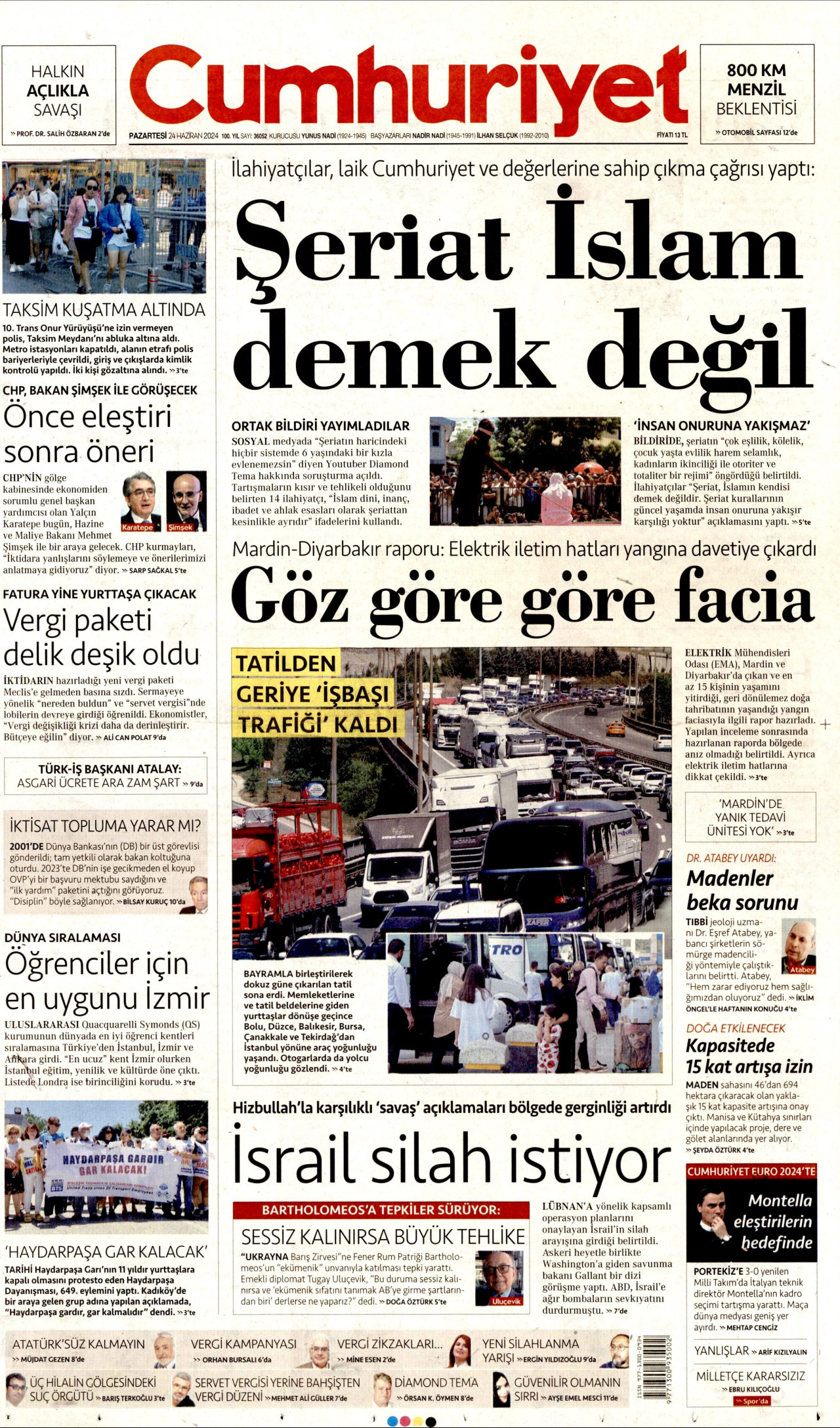 CUMHURİYET gazetesinin 24 Haziran 2024 tarihli birinci sayfası