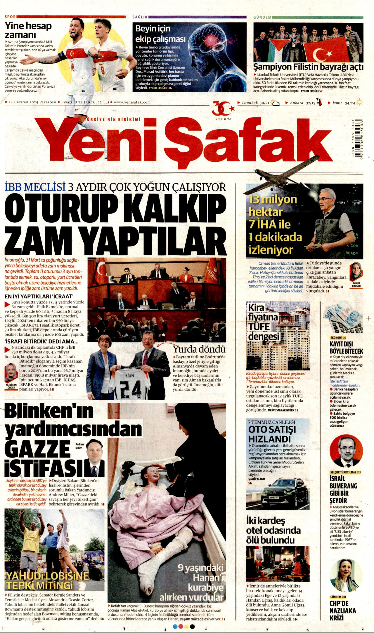 YENİ ŞAFAK gazetesinin 24 Haziran 2024 tarihli birinci sayfası