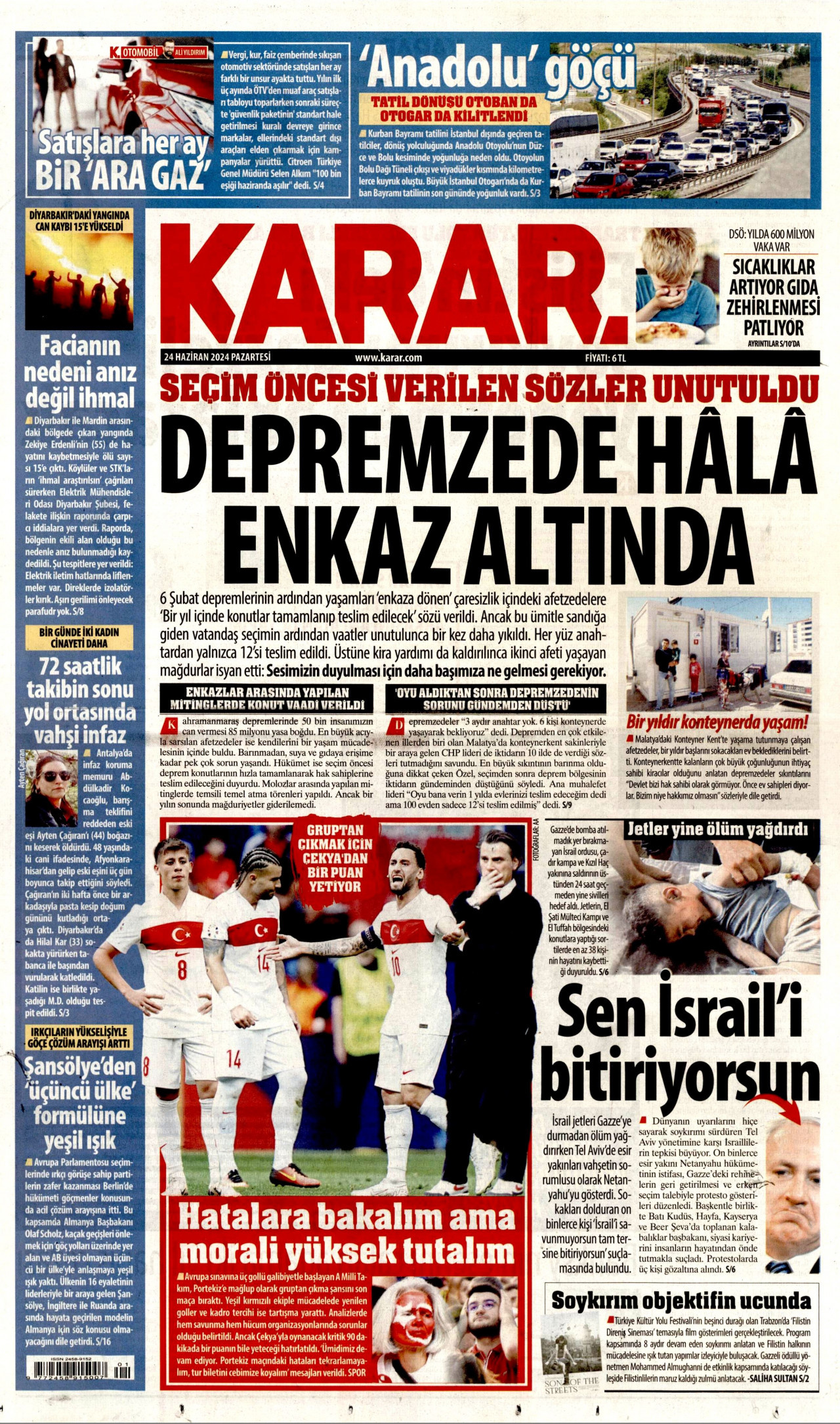 KARAR gazetesinin 24 Haziran 2024 tarihli birinci sayfası