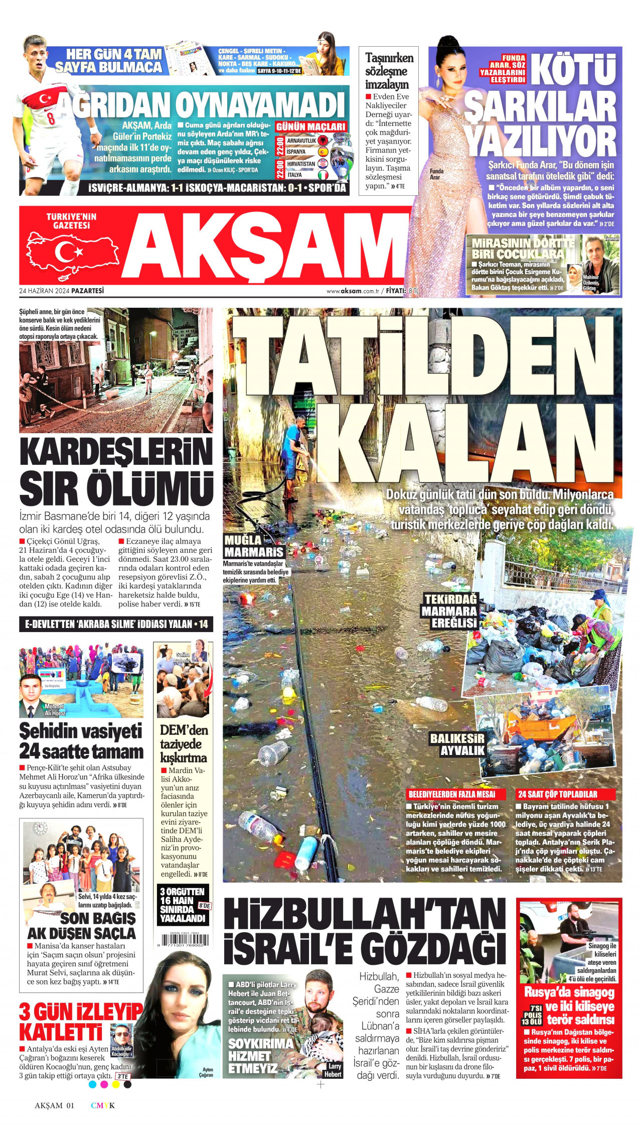 AKŞAM gazetesinin 24 Haziran 2024 tarihli birinci sayfası