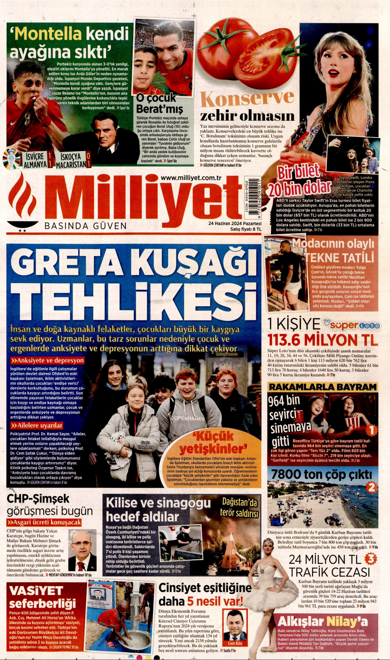 MİLLİYET gazetesinin 24 Haziran 2024 tarihli birinci sayfası