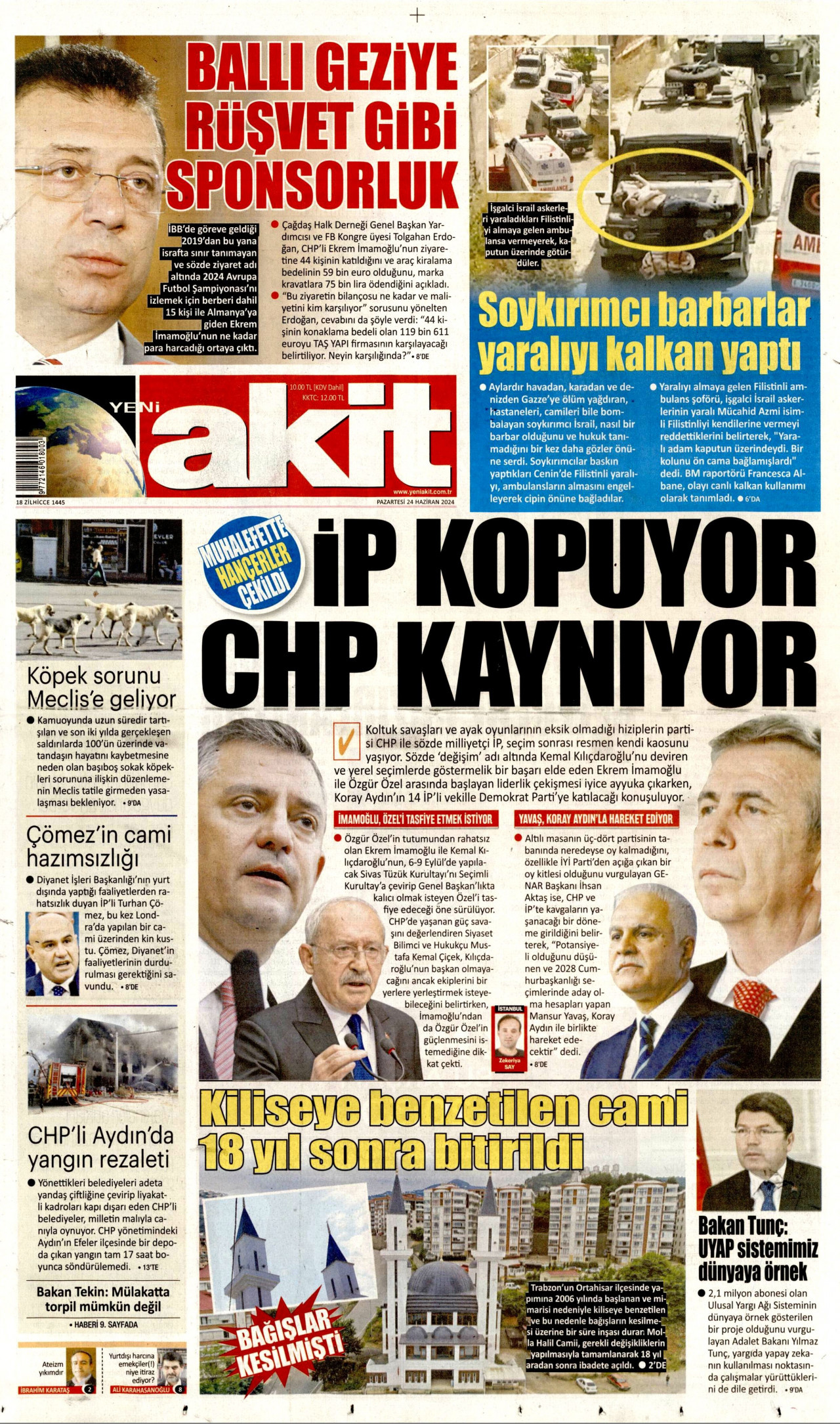 YENİ AKİT gazetesinin 24 Haziran 2024 tarihli birinci sayfası