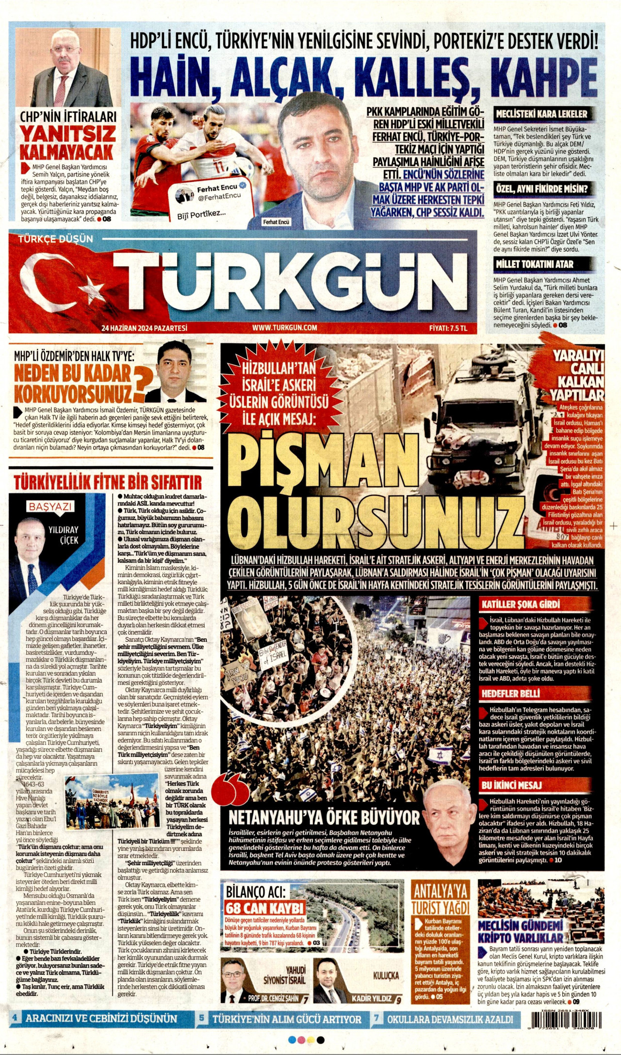 TÜRKGÜN gazetesinin 24 Haziran 2024 tarihli birinci sayfası