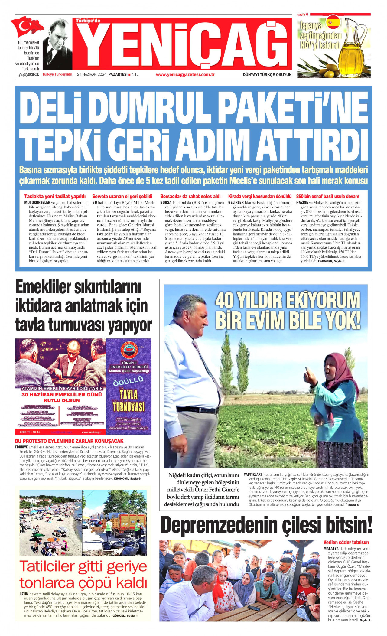 YENİÇAĞ gazetesinin 24 Haziran 2024 tarihli birinci sayfası