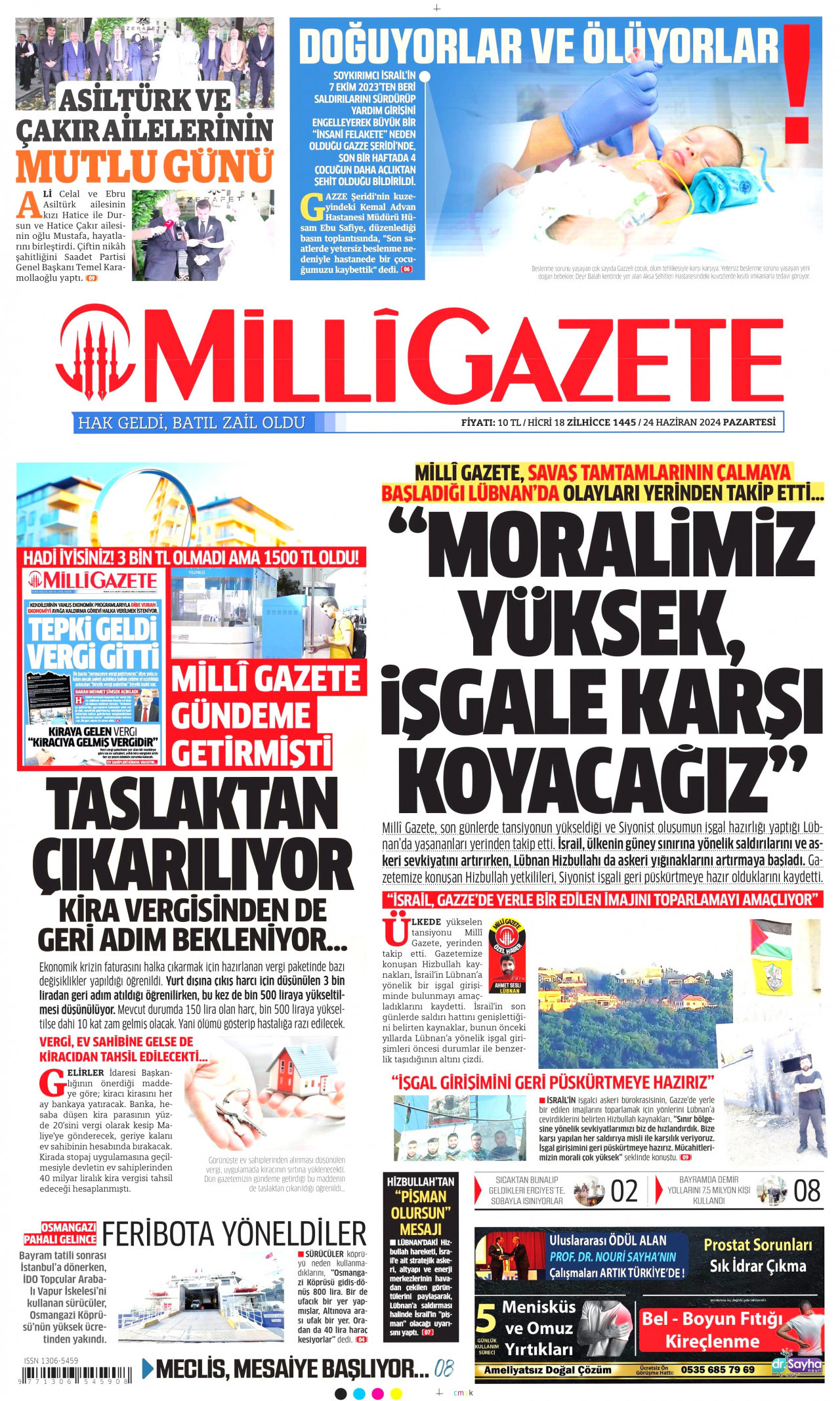 MİLLİ GAZETE gazetesinin 24 Haziran 2024 tarihli birinci sayfası