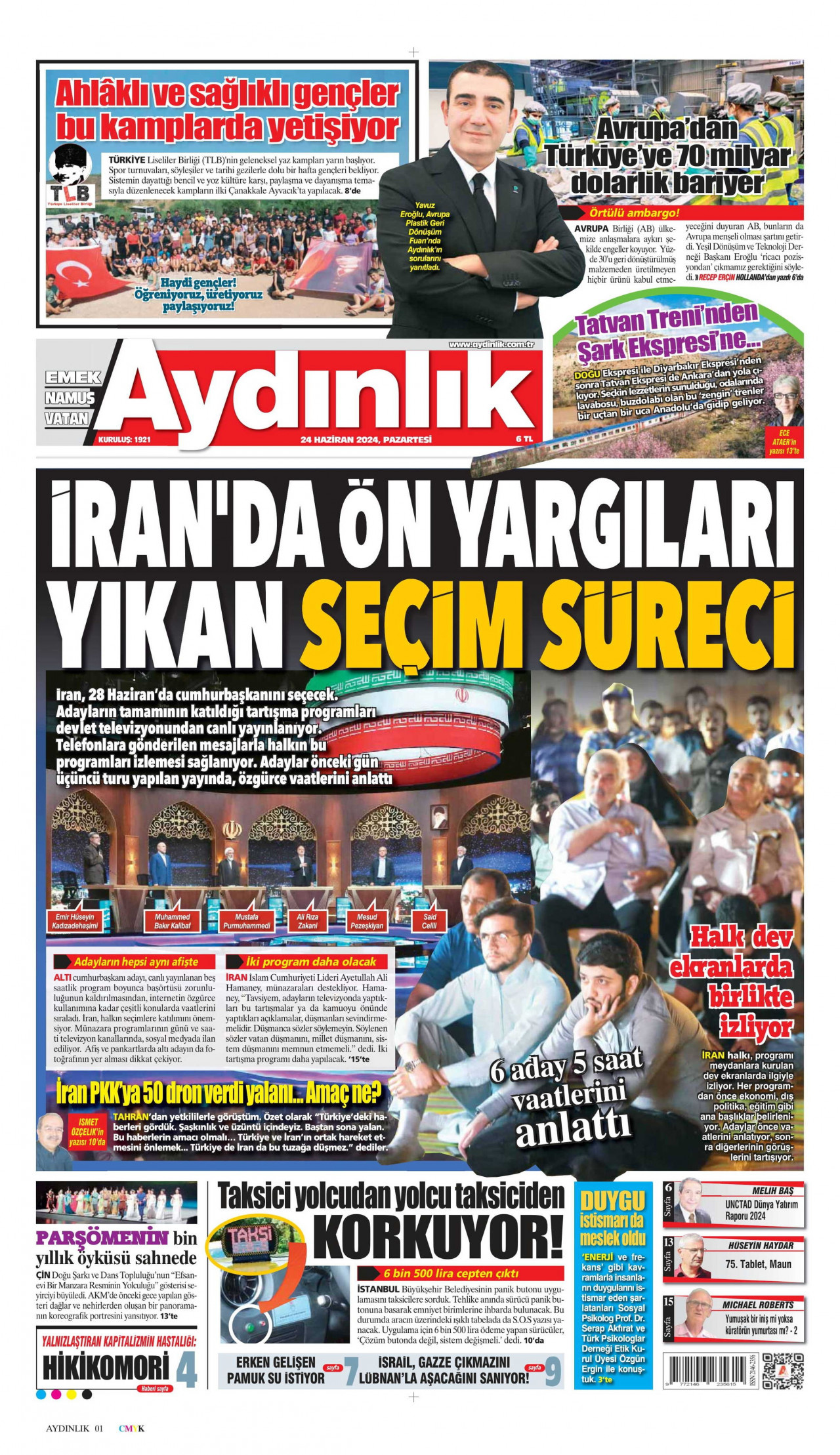 AYDINLIK GAZETESİ gazetesinin 24 Haziran 2024 tarihli birinci sayfası