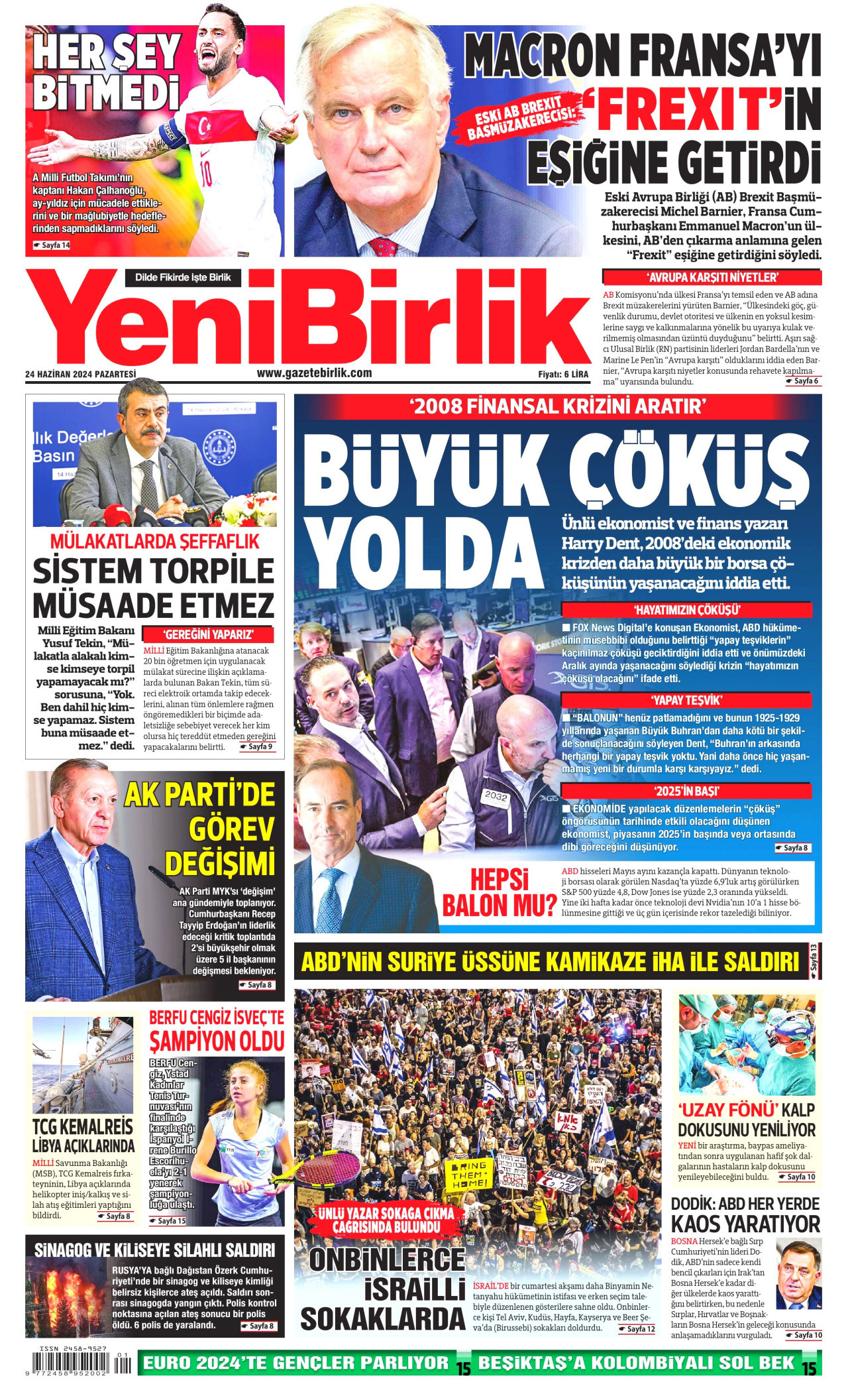 YENİBİRLİK gazetesinin 24 Haziran 2024 tarihli birinci sayfası