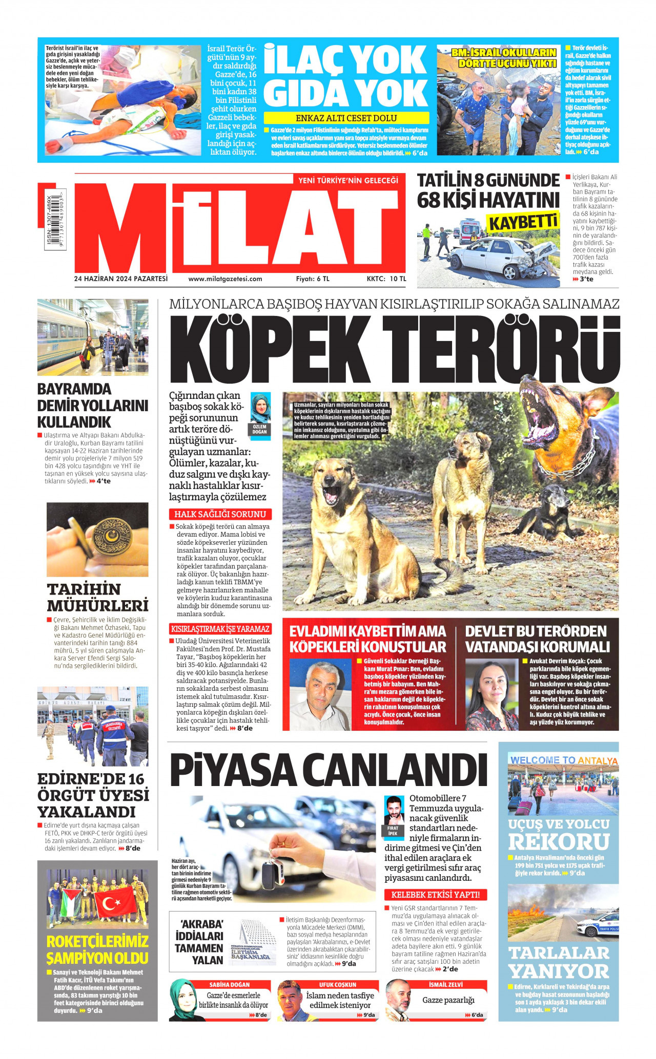 MİLAT gazetesinin 24 Haziran 2024 tarihli birinci sayfası