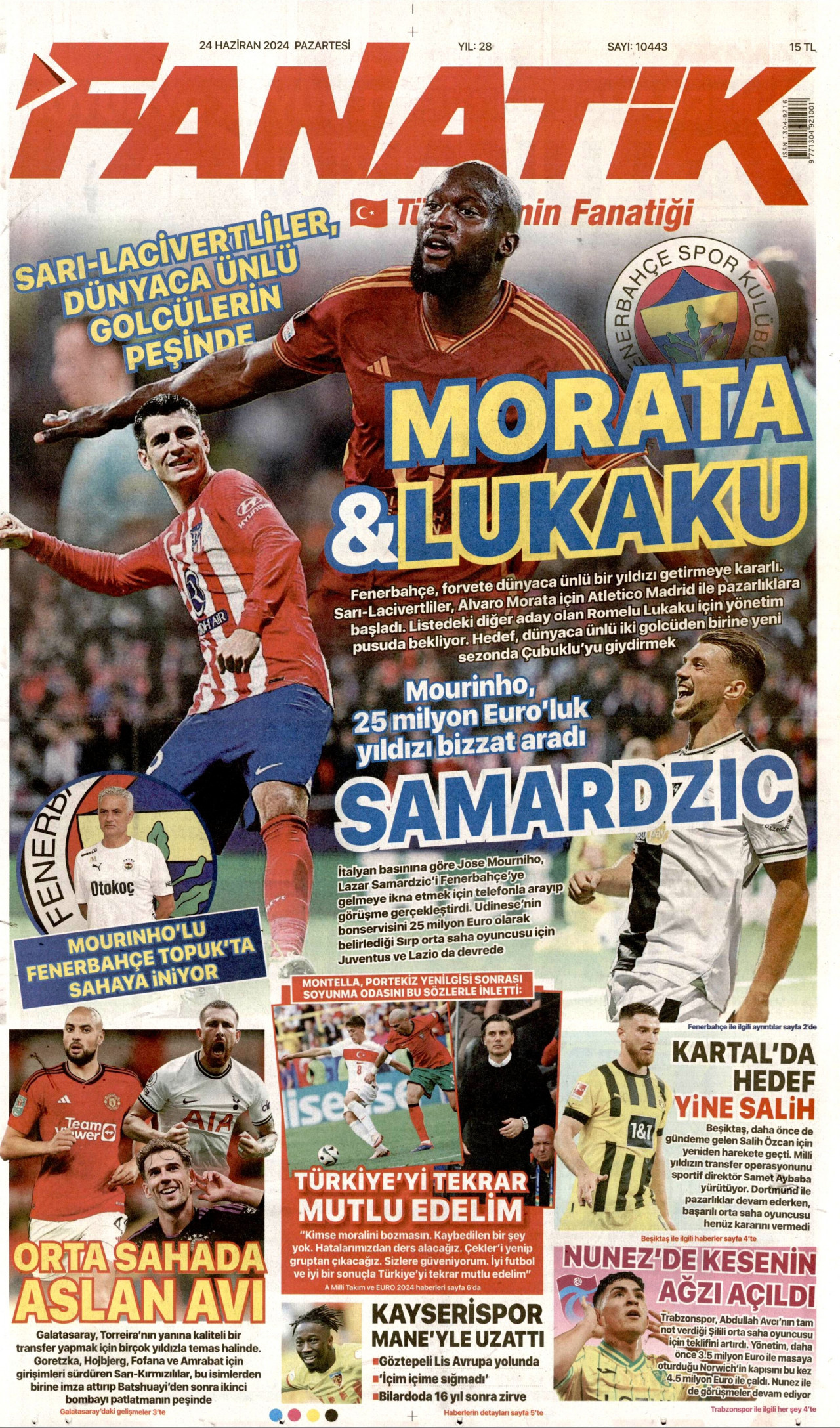 FANATİK gazetesinin 24 Haziran 2024 tarihli birinci sayfası