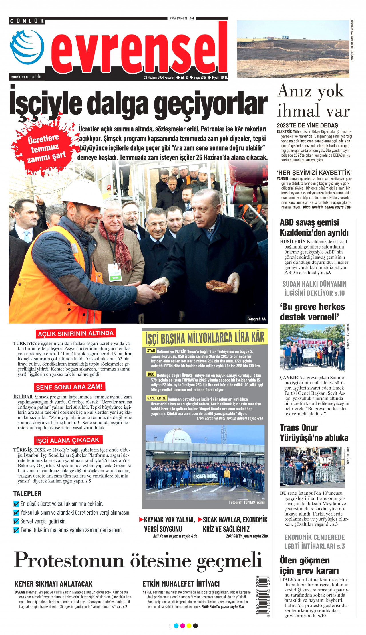 EVRENSEL gazetesinin 24 Haziran 2024 tarihli birinci sayfası