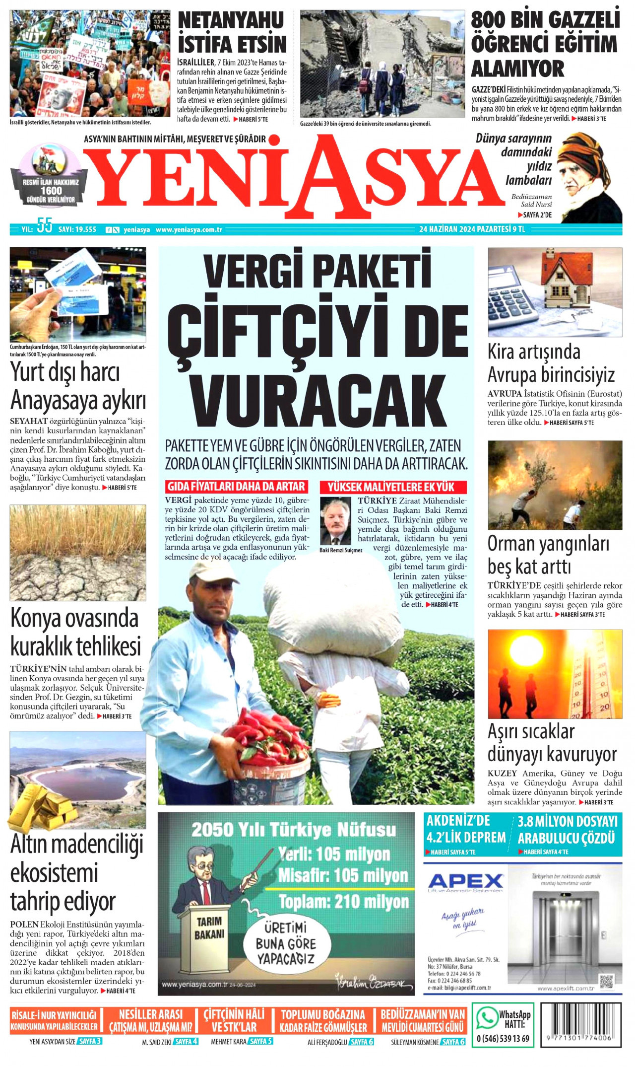 YENİ ASYA gazetesinin 24 Haziran 2024 tarihli birinci sayfası