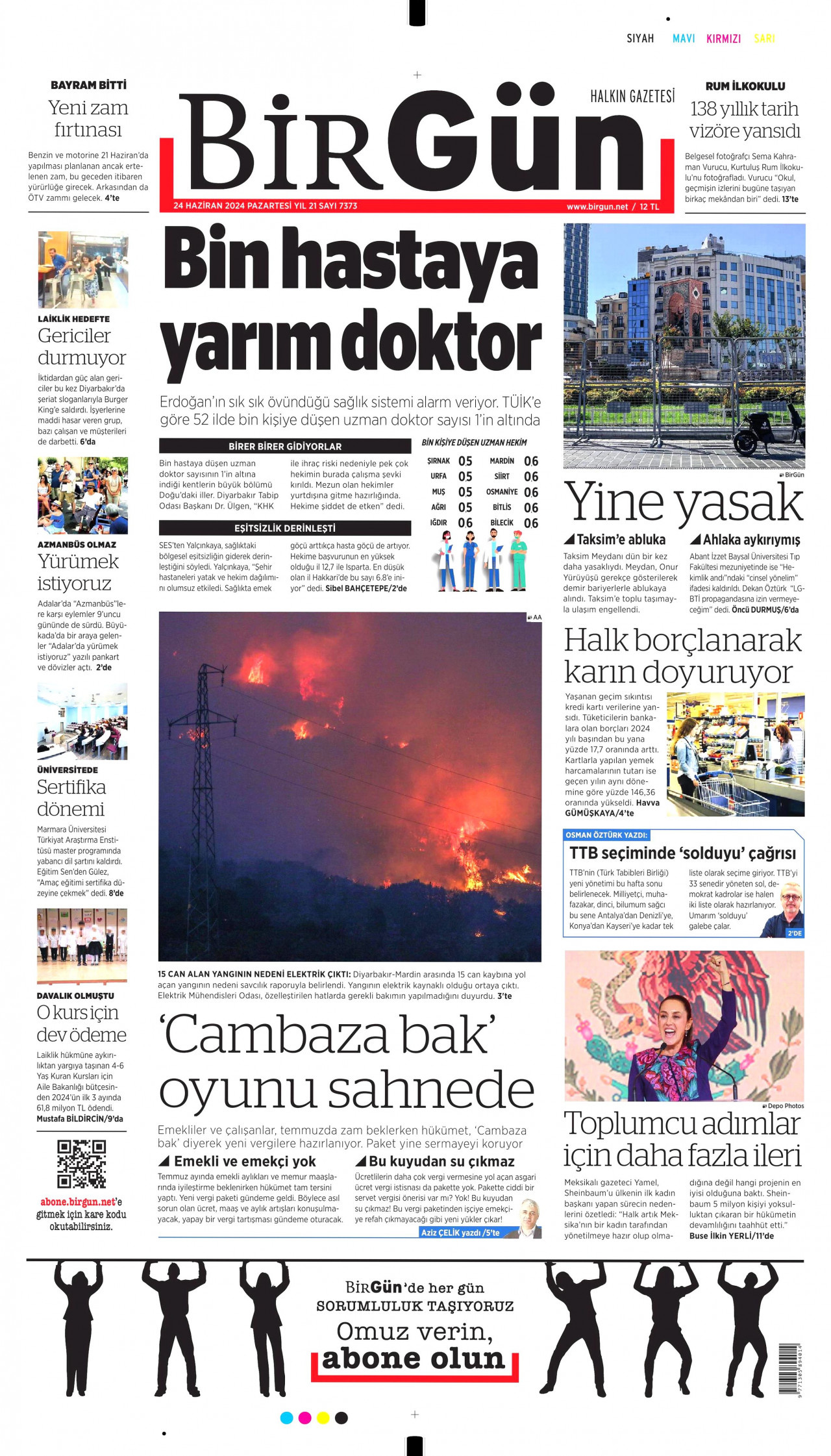 BİRGÜN gazetesinin 24 Haziran 2024 tarihli birinci sayfası
