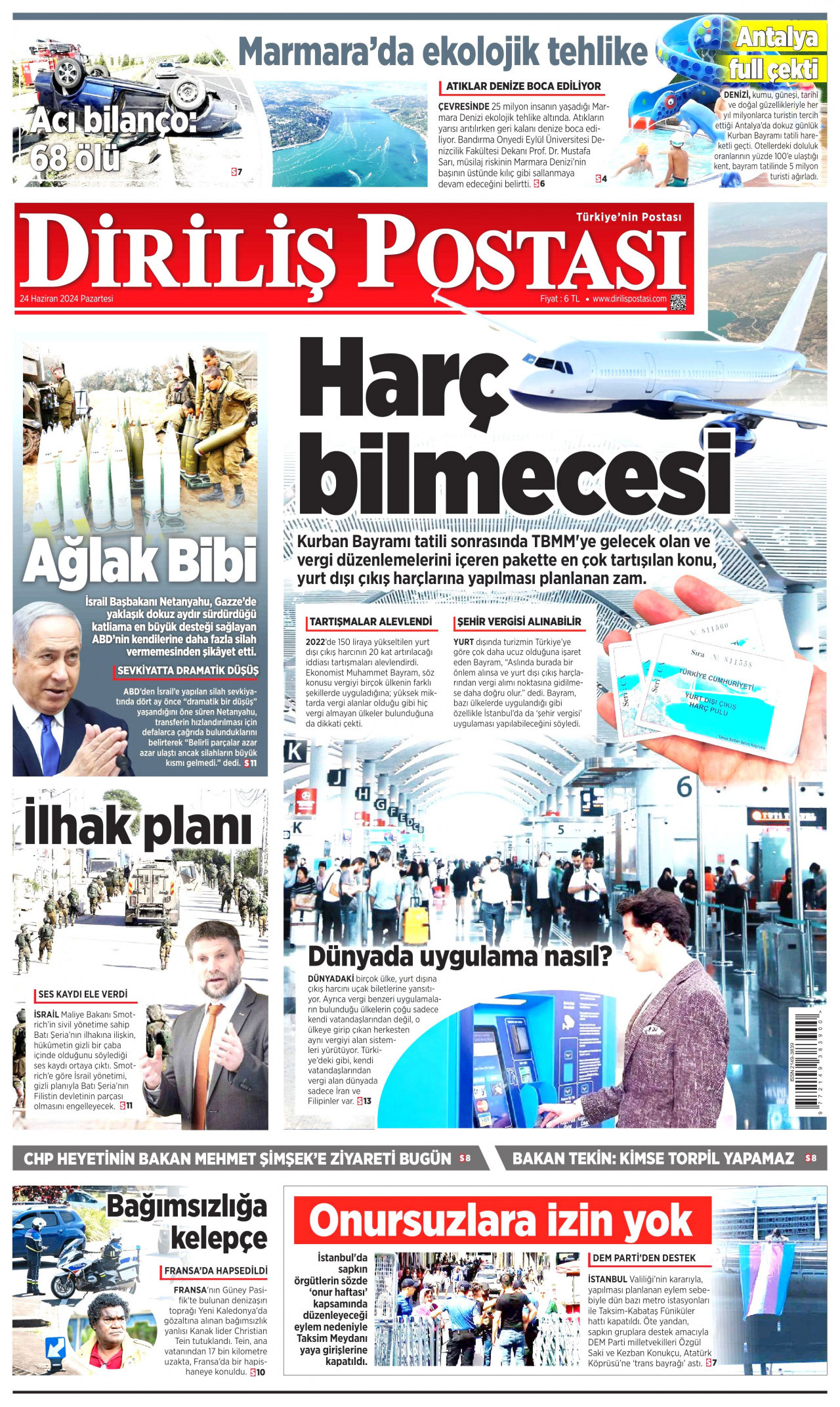 DİRİLİŞ POSTASI gazetesinin 24 Haziran 2024 tarihli birinci sayfası