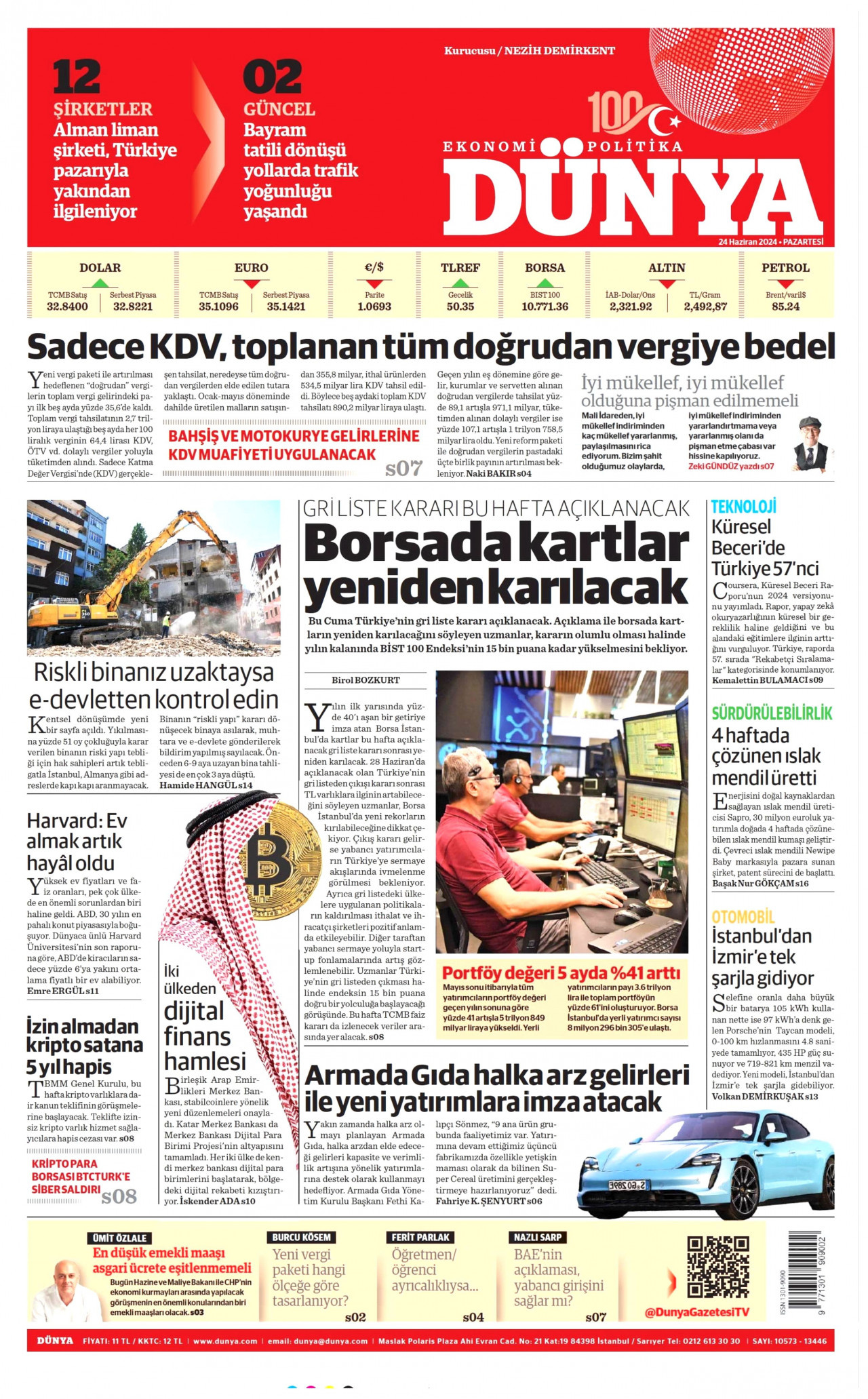 DÜNYA gazetesinin 24 Haziran 2024 tarihli birinci sayfası
