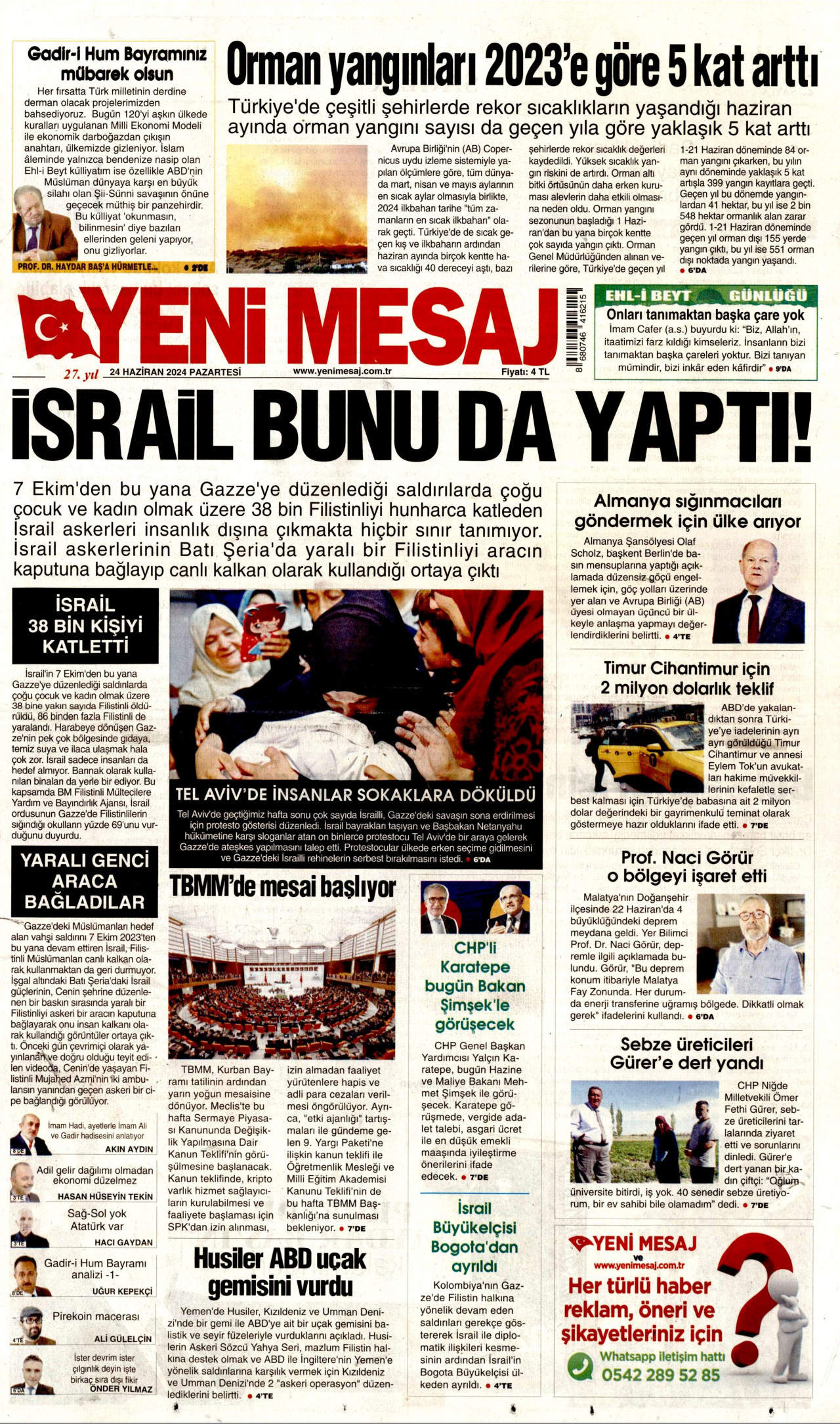 YENİ MESAJ gazetesinin 24 Haziran 2024 tarihli birinci sayfası