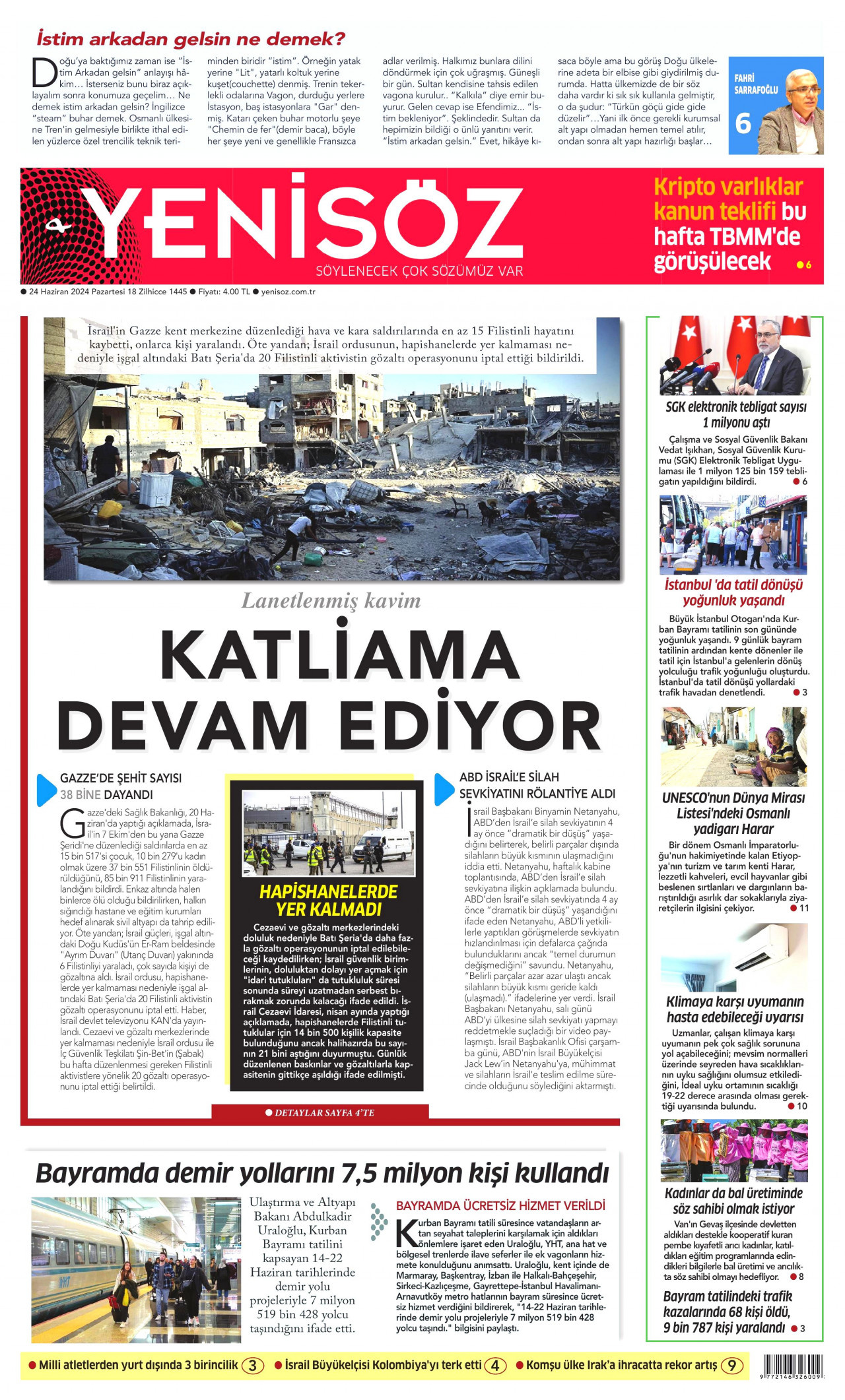 YENİ SÖZ GAZETESİ gazetesinin 24 Haziran 2024 tarihli birinci sayfası