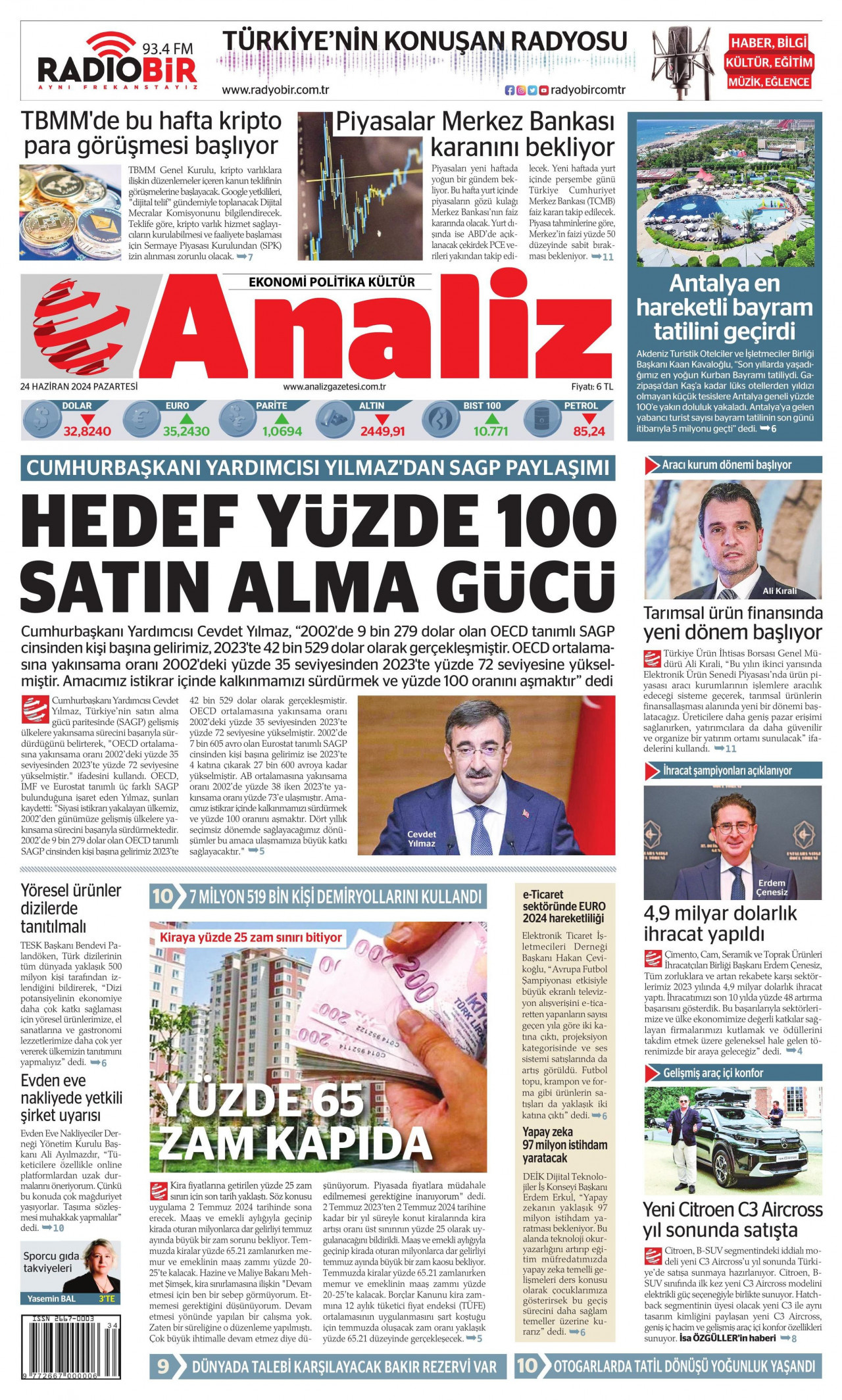 ANALİZ gazetesinin 24 Haziran 2024 tarihli birinci sayfası
