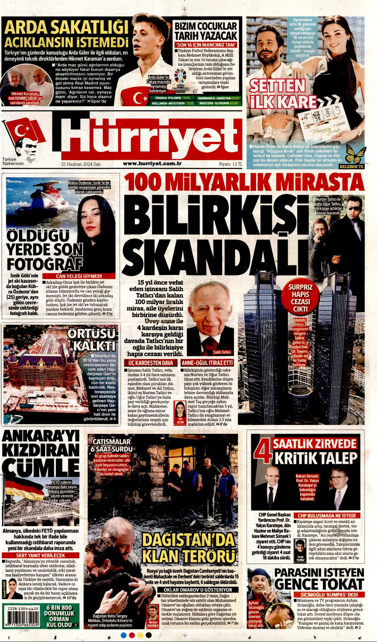 HÜRRİYET gazetesinin 25 Haziran 2024 tarihli birinci sayfası
