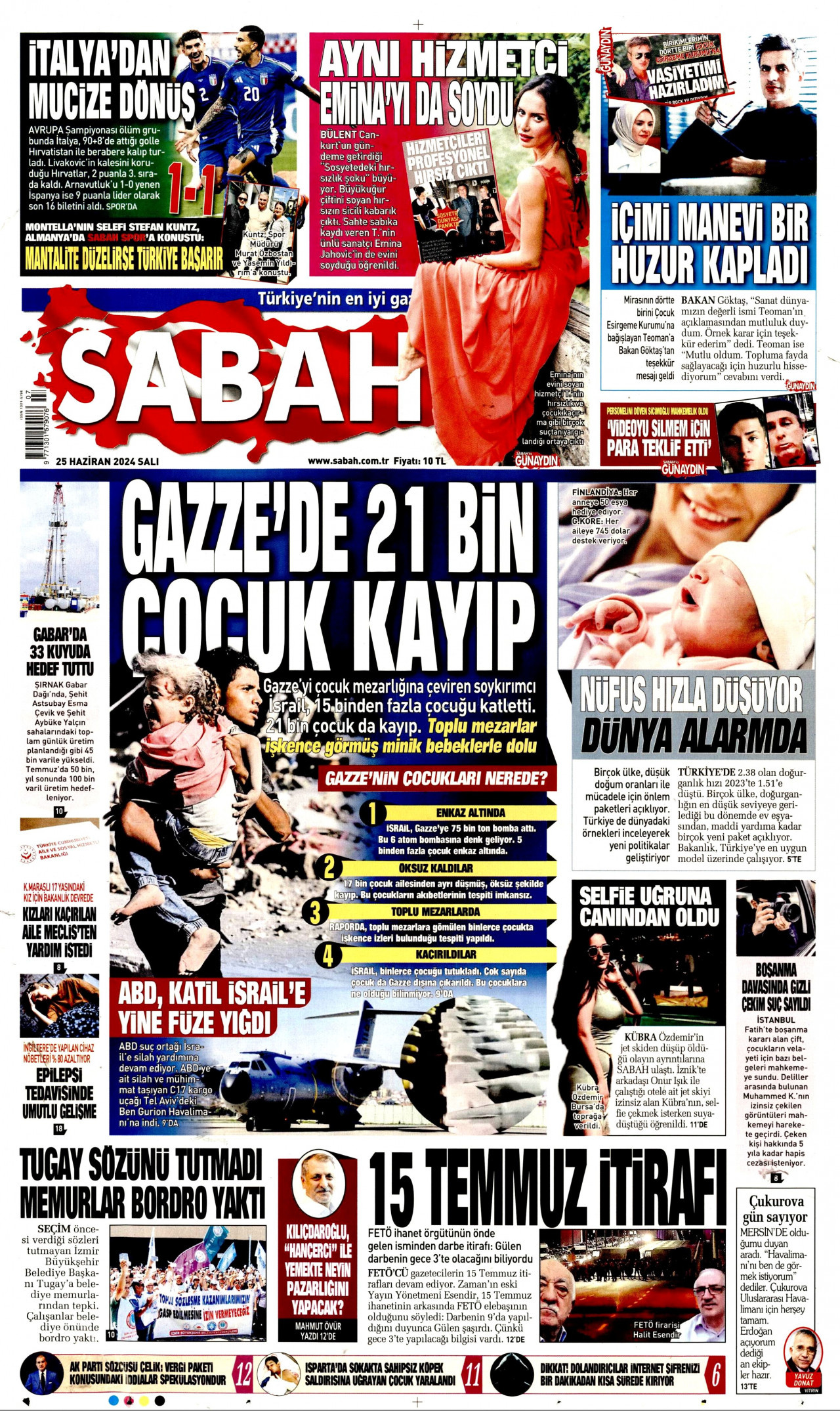 SABAH gazetesinin 25 Haziran 2024 tarihli birinci sayfası