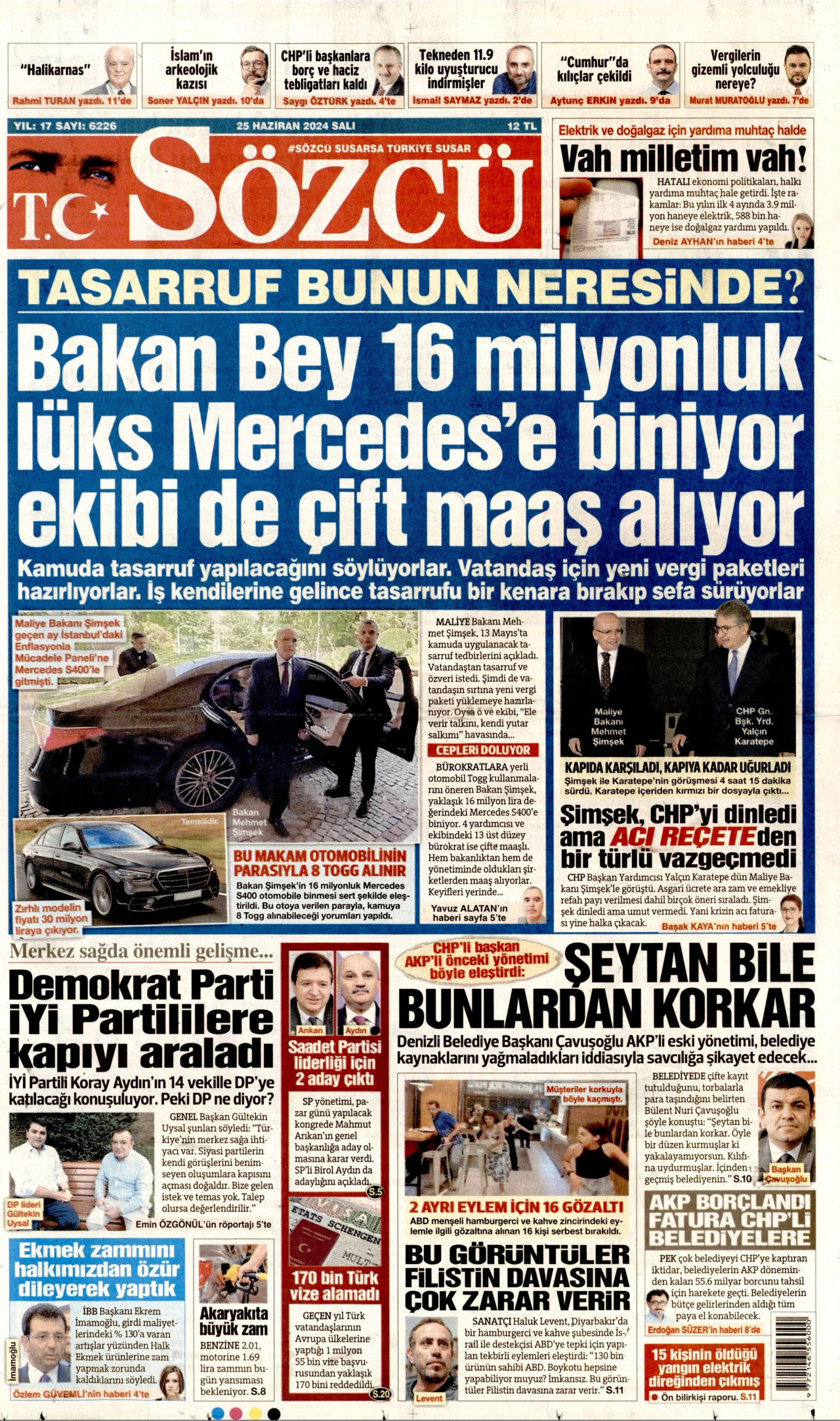 SÖZCÜ gazetesinin 25 Haziran 2024 tarihli birinci sayfası