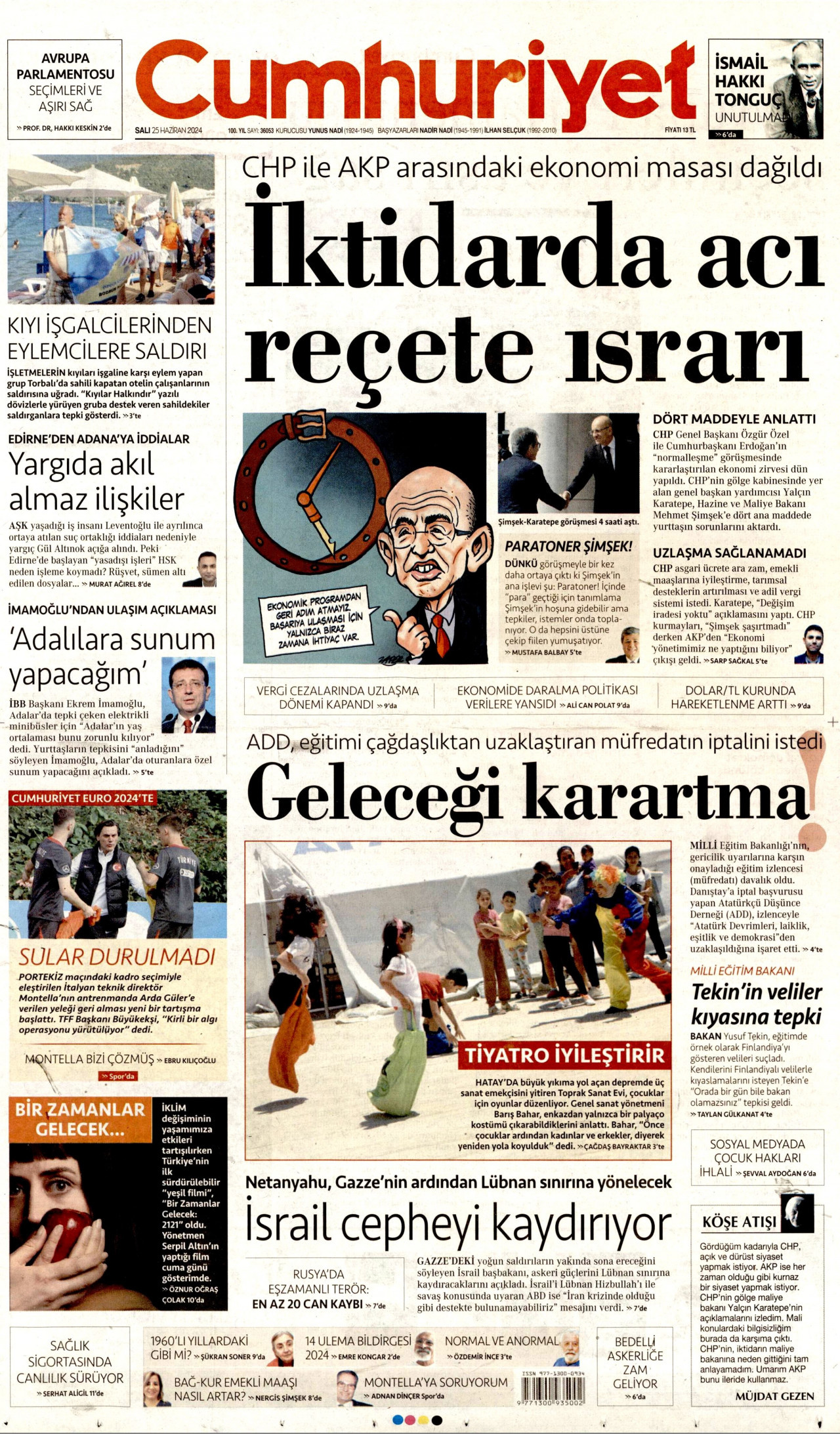 CUMHURİYET gazetesinin 25 Haziran 2024 tarihli birinci sayfası
