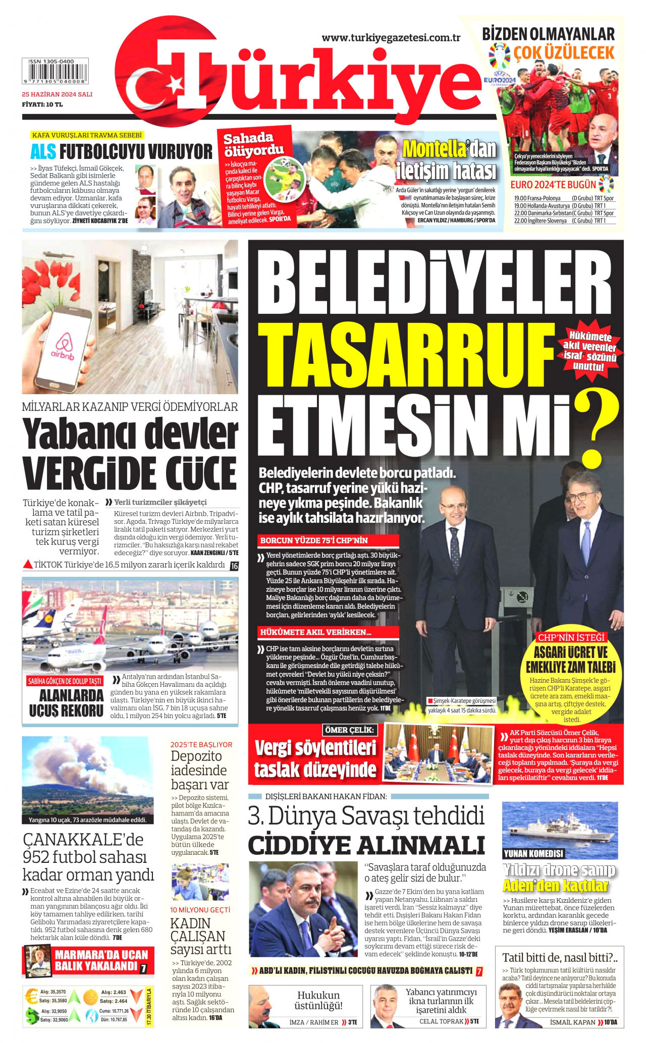 TÜRKİYE GAZETESİ gazetesinin 25 Haziran 2024 tarihli birinci sayfası