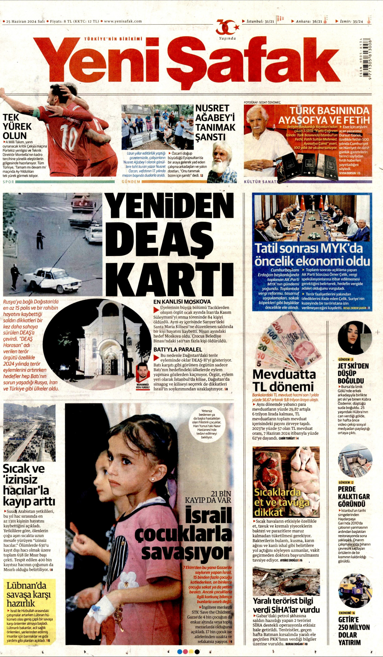 YENİ ŞAFAK gazetesinin 25 Haziran 2024 tarihli birinci sayfası