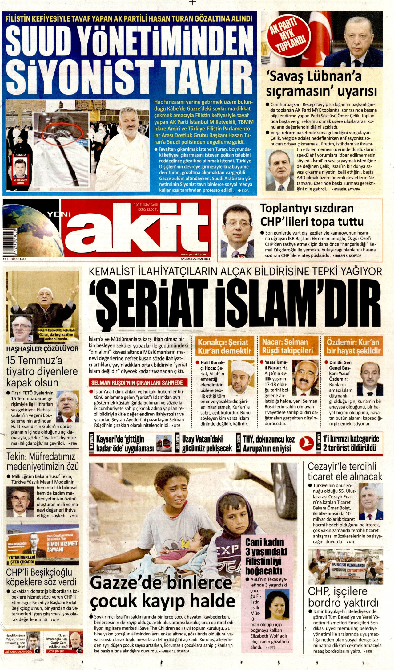 YENİ AKİT gazetesinin 25 Haziran 2024 tarihli birinci sayfası