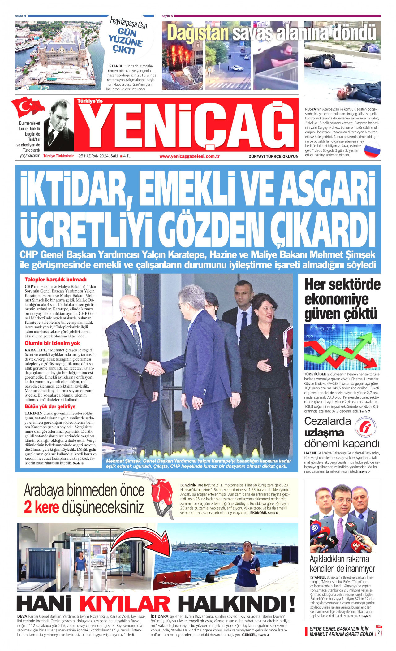 YENİÇAĞ gazetesinin 25 Haziran 2024 tarihli birinci sayfası