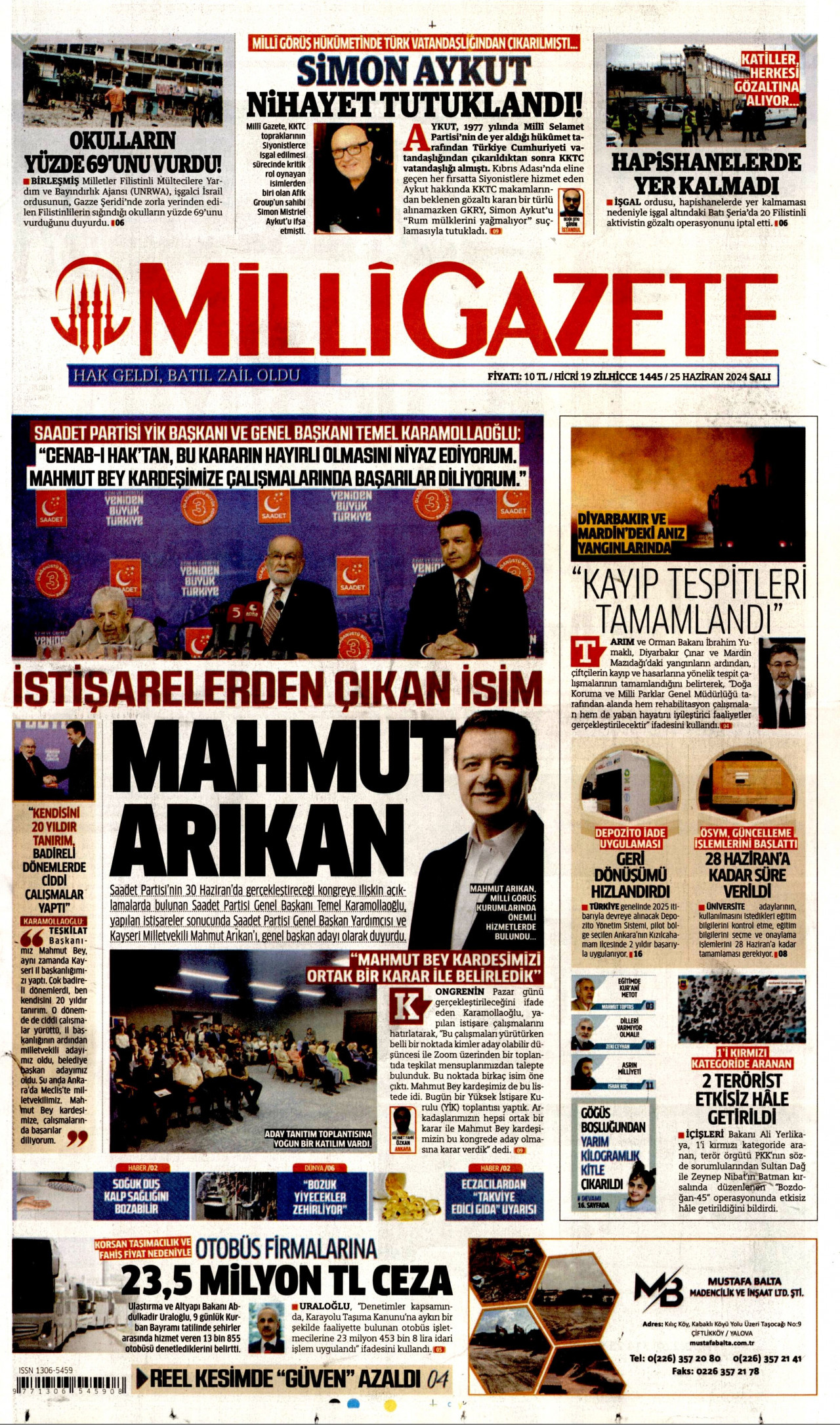 MİLLİ GAZETE gazetesinin 25 Haziran 2024 tarihli birinci sayfası