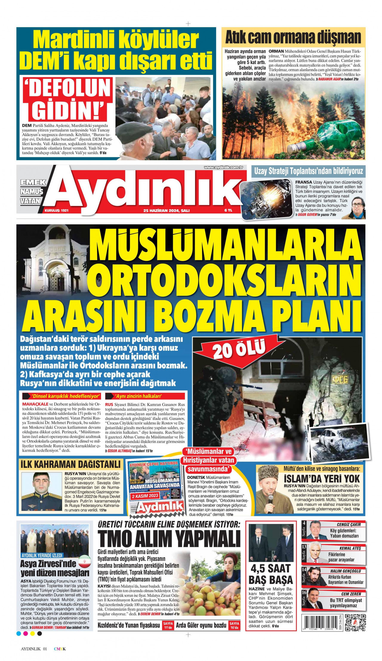 AYDINLIK GAZETESİ gazetesinin 25 Haziran 2024 tarihli birinci sayfası