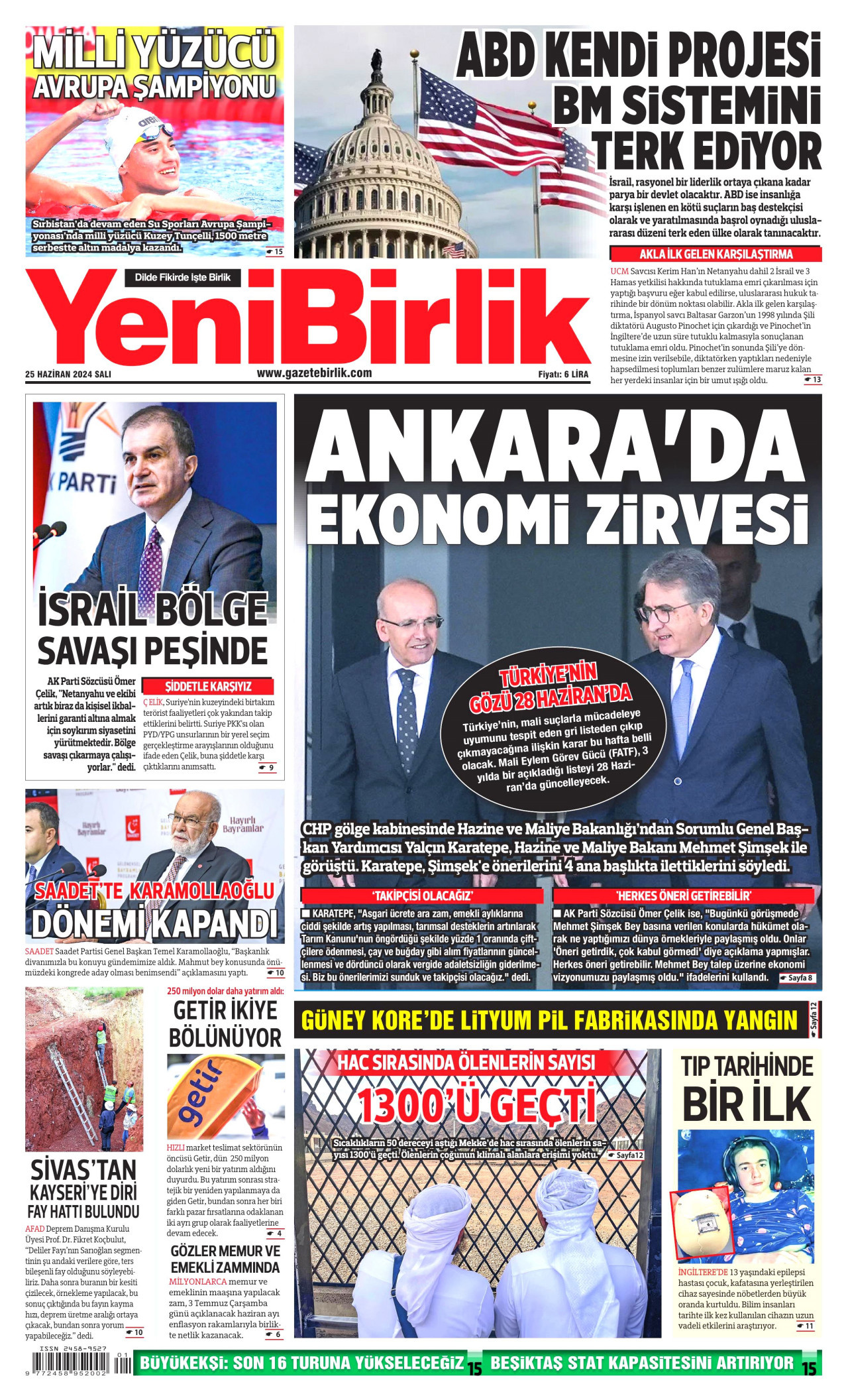 YENİBİRLİK gazetesinin 25 Haziran 2024 tarihli birinci sayfası