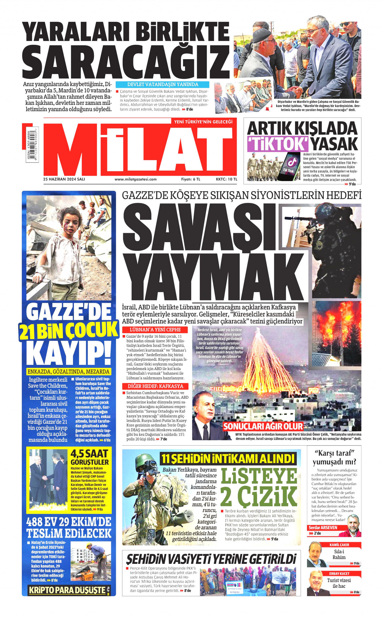 MİLAT gazetesinin 25 Haziran 2024 tarihli birinci sayfası