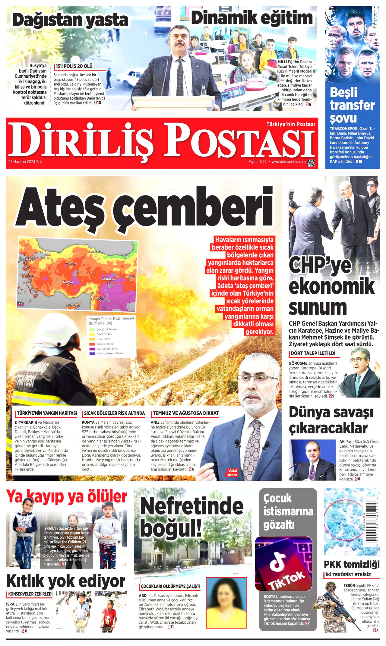 DİRİLİŞ POSTASI gazetesinin 25 Haziran 2024 tarihli birinci sayfası