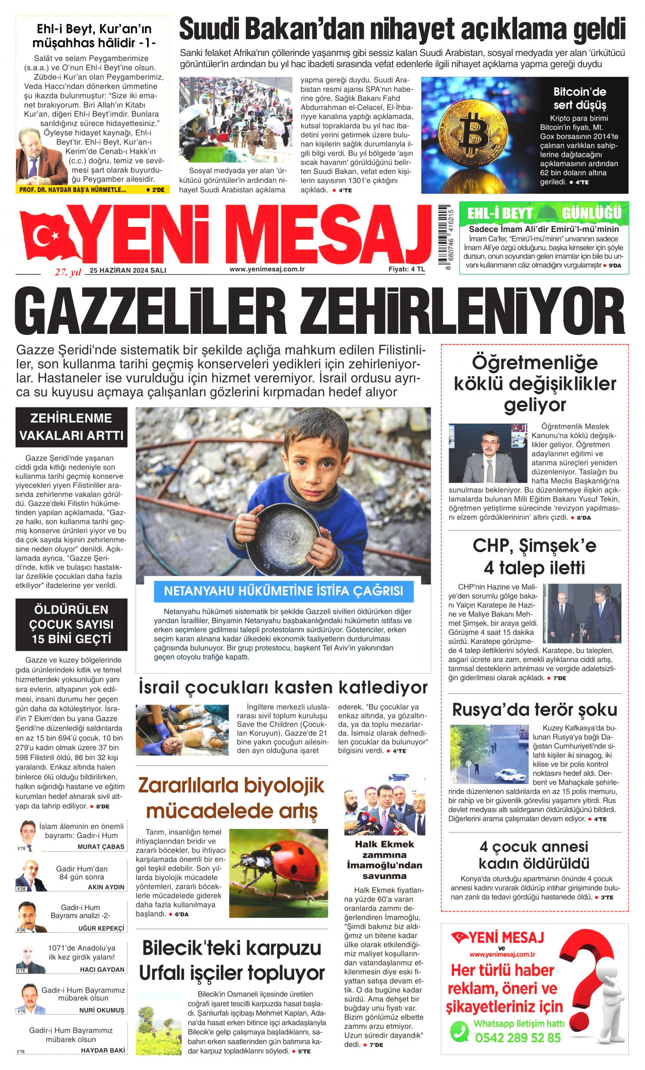 YENİ MESAJ gazetesinin 25 Haziran 2024 tarihli birinci sayfası